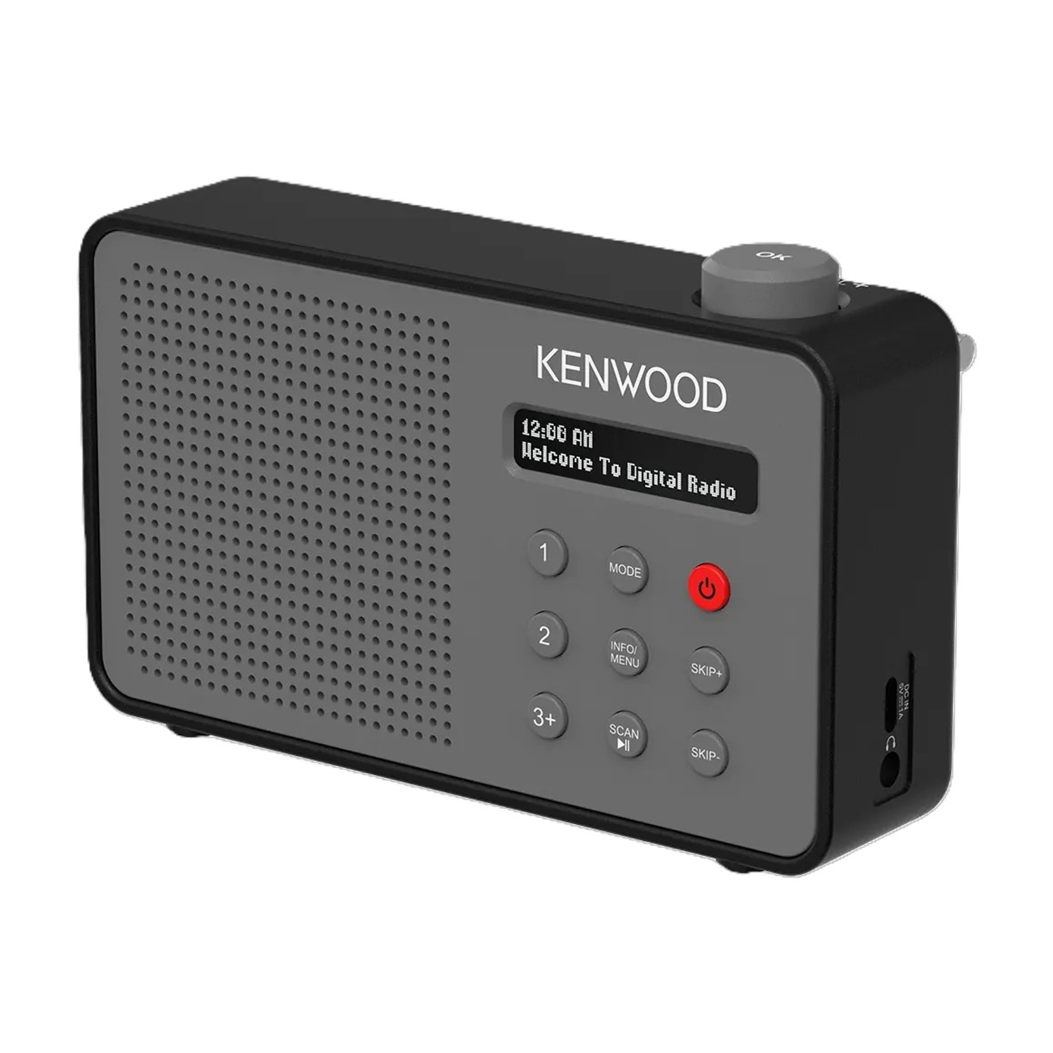 Una radio digitale Kenwood nera e grigia con un altoparlante, pulsanti, uno schermo e una manopola. Lo schermo mostra 'Welcome To Digital Radio'.