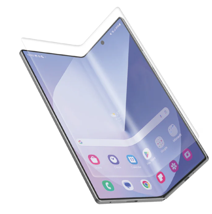 Faltbares Smartphone, teilweise geöffnet. Bildschirm zeigt App-Symbole: Store, Clock, Calendar, Play Store, Google, Microsoft. Hintergrund hellblauer Farbverlauf.