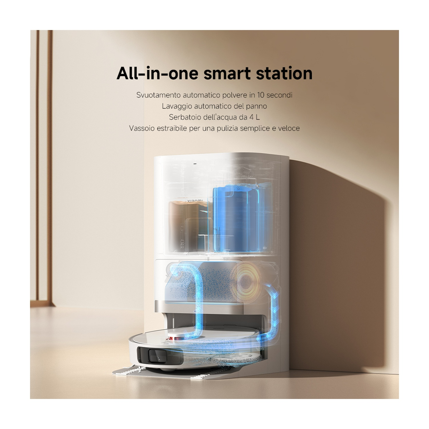 Viene mostrata una stazione intelligente all-in-one. Le caratteristiche includono lo svuotamento automatico della polvere, il lavaggio dei panni, un serbatoio d'acqua da 4 litri e un vassoio facile da pulire.