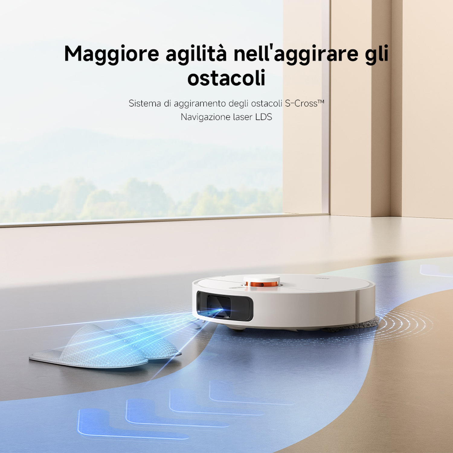 Un aspirapolvere robot bianco naviga attorno agli ostacoli. Il testo recita: Maggiore agilità nell'evitare gli ostacoli. Sistema S-Cross di evitamento ostacoli.