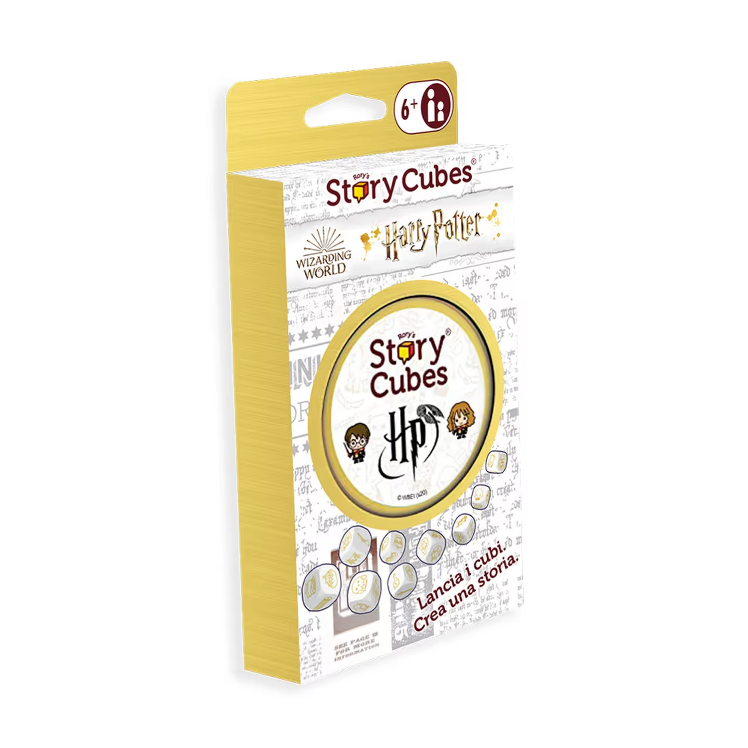 Scatola di Harry Potter Story Cubes. Scatola dorata e bianca con dadi, logo di Harry Potter e le parole 'Story Cubes'.