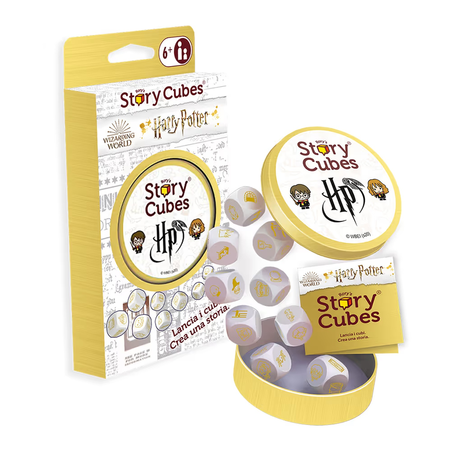Un set di gioco Harry Potter Story Cubes. Include una scatola, una latta, dadi e un libretto. Tutti gli articoli sono gialli e bianchi.