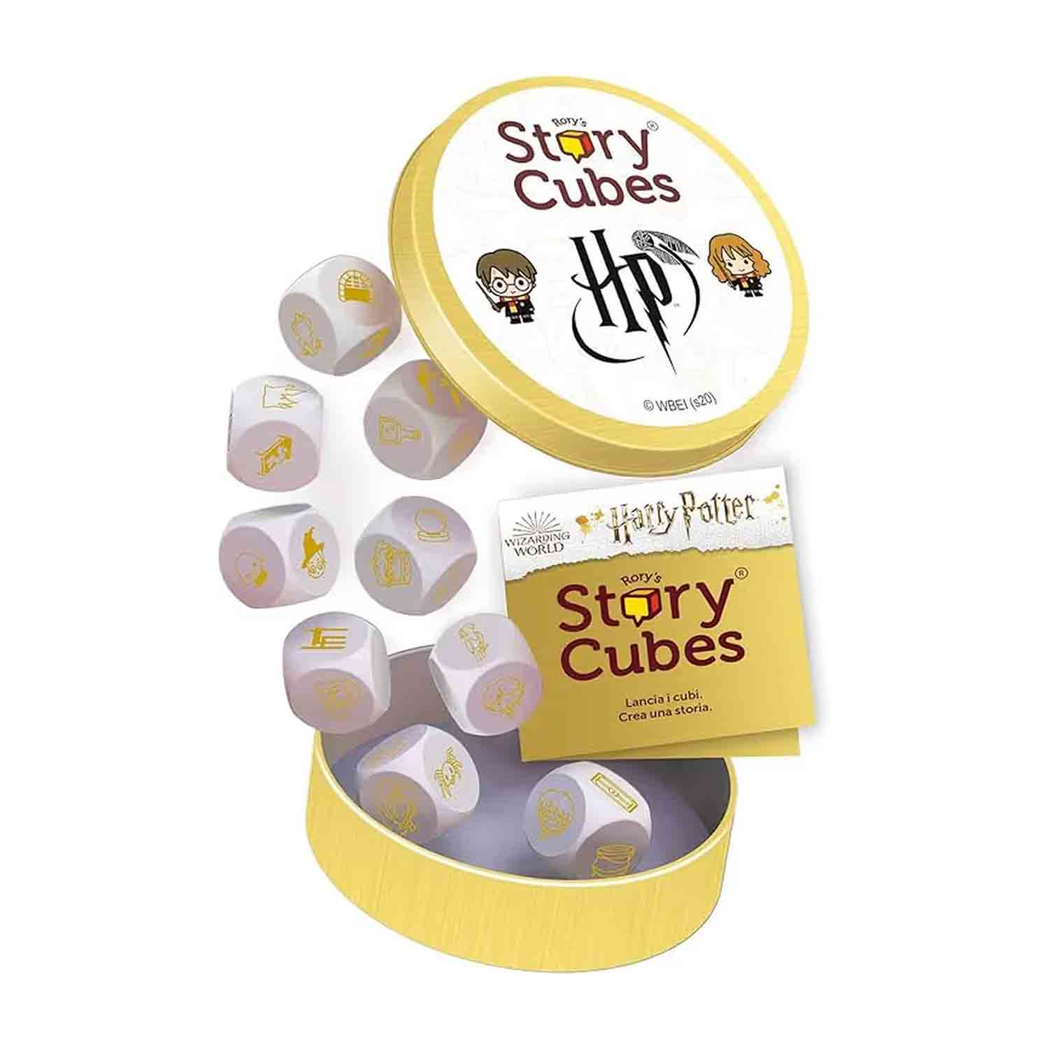 Set di Harry Potter Story Cubes con dadi, contenitore e libro. I dadi hanno simboli dorati. Sono visibili la scatola e il libro gialli.