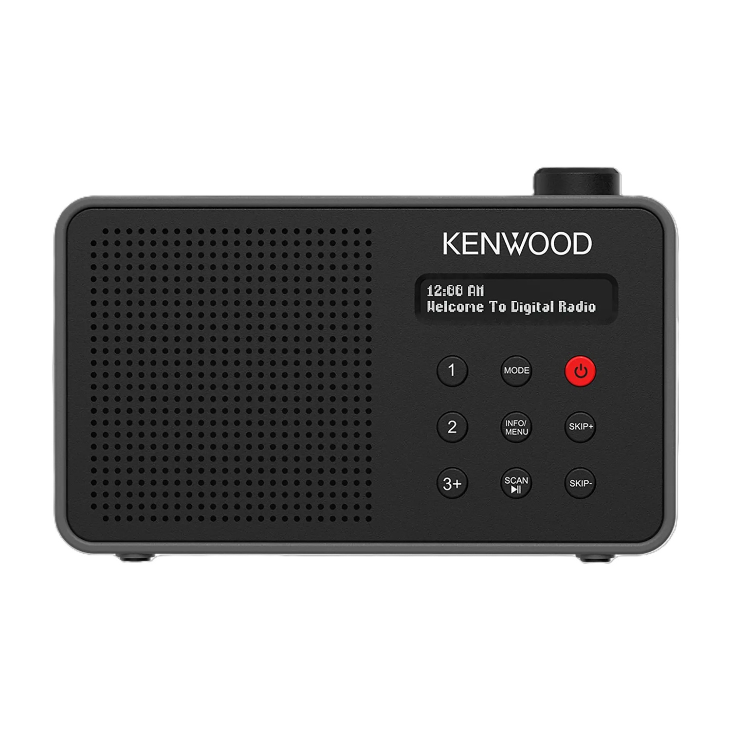 Una radio digitale Kenwood nera. Ha uno schermo che mostra l'ora e un messaggio di benvenuto. Sono visibili i pulsanti per la modalità, la scansione e le preimpostazioni.