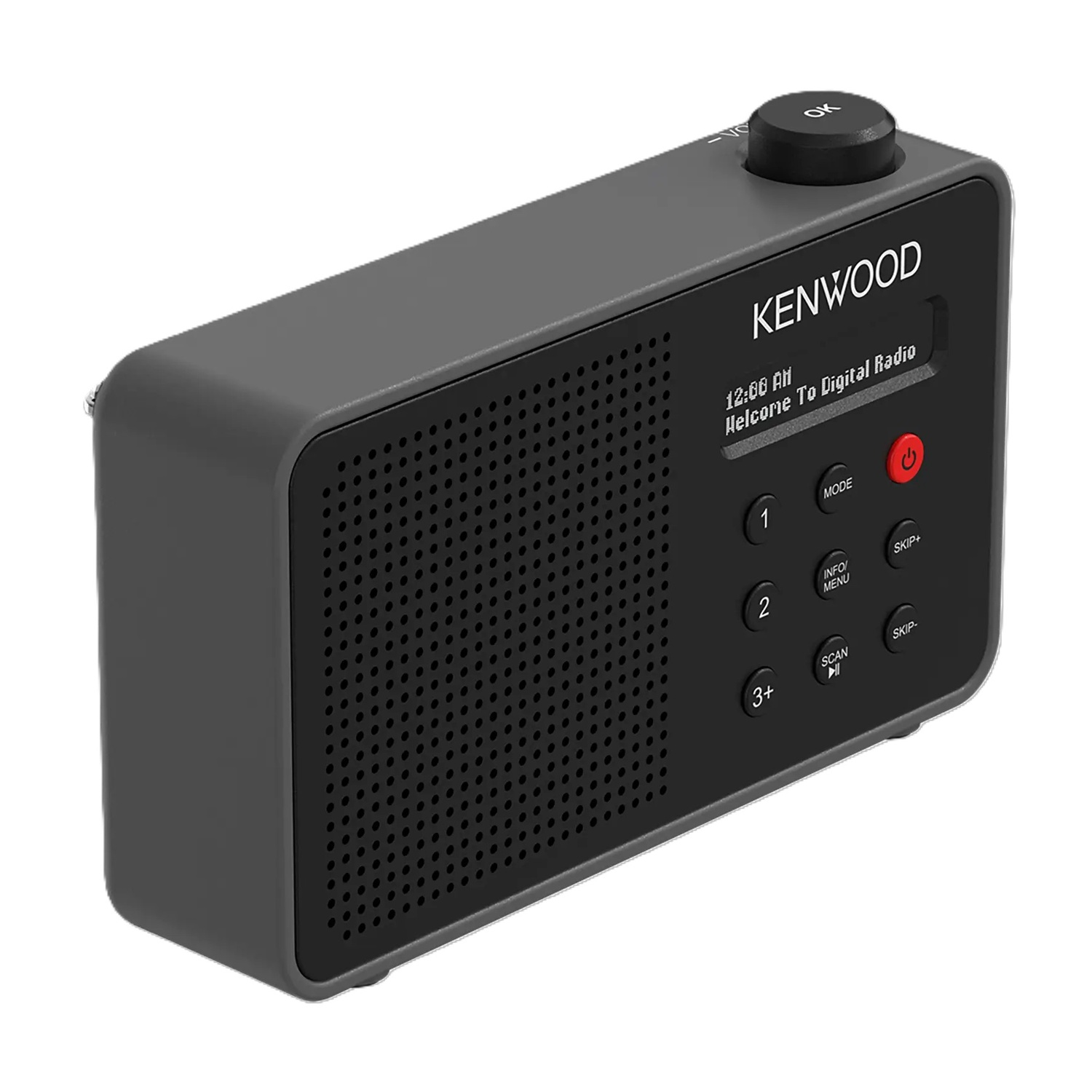 Una radio digitale Kenwood grigia. Ha un altoparlante, uno schermo, pulsanti e una manopola superiore. L'ora visualizzata è 12:00.