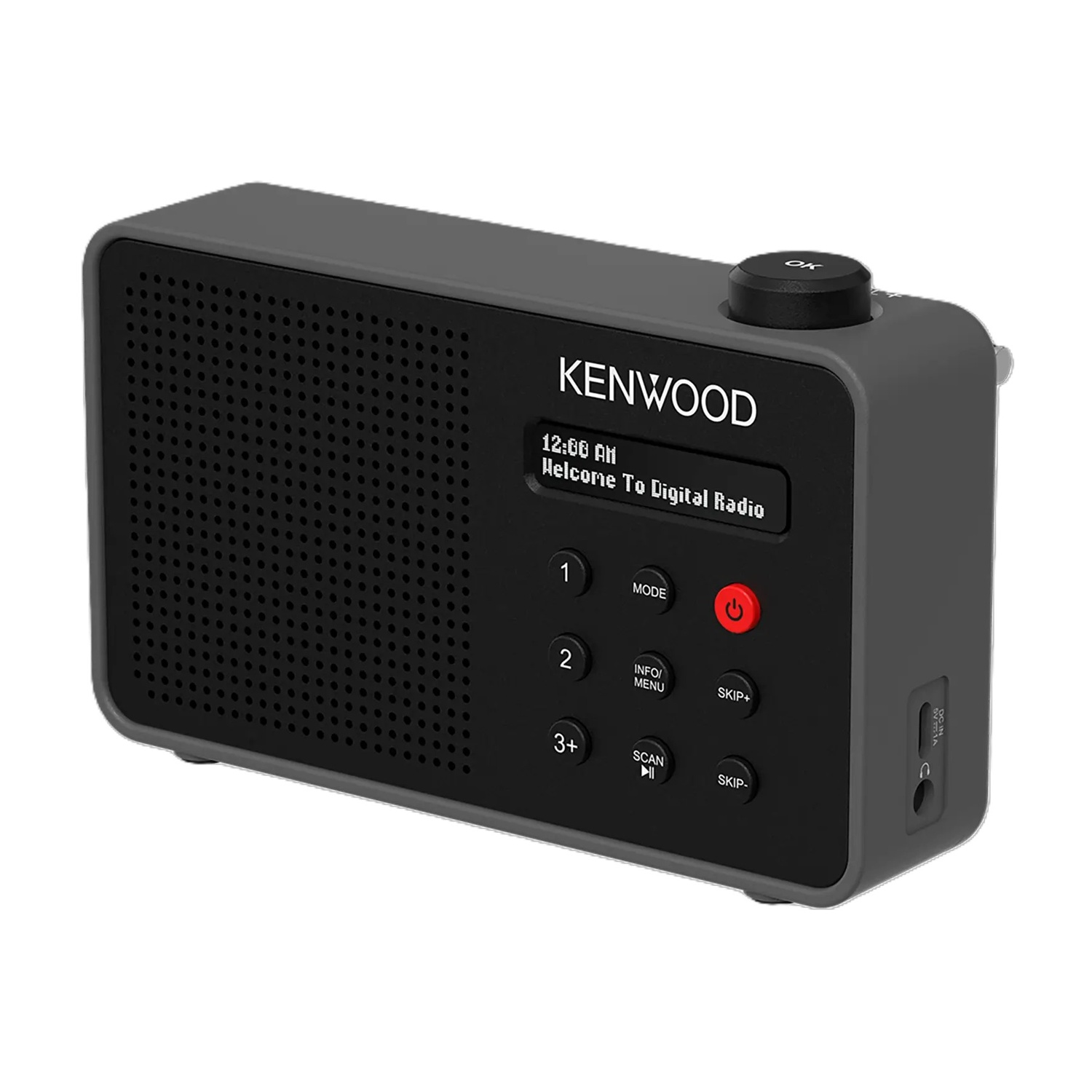 Una radio digitale Kenwood grigia. Ha uno schermo nero con pulsanti e un display. La parte superiore ha un quadrante e la parte anteriore un altoparlante.