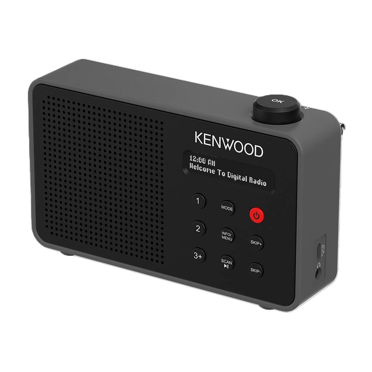 Una radio digitale Kenwood grigia mostra le 12:00 AM e "Welcome to Digital Radio". Ha pulsanti e un pulsante di accensione.