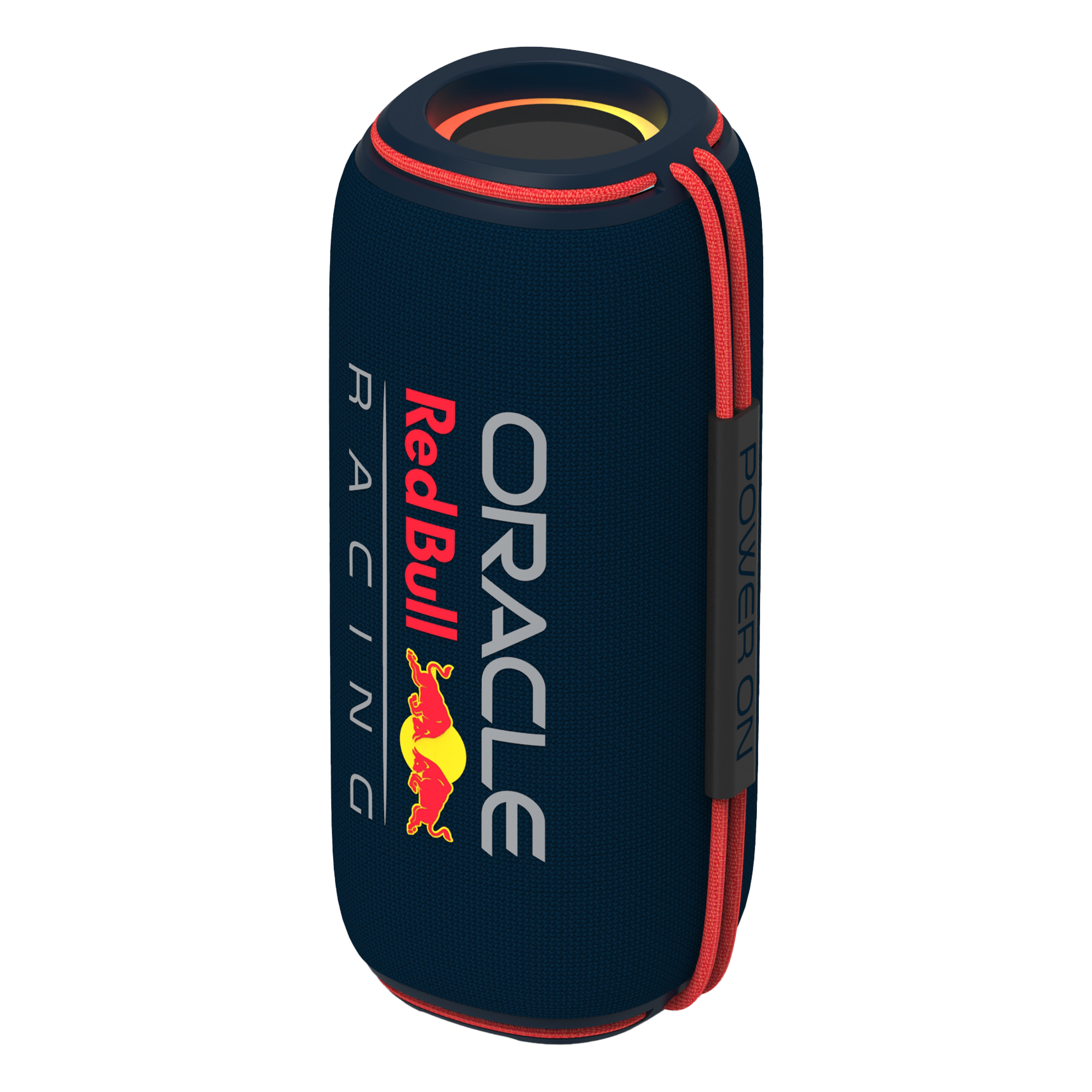 Ein zylindrischer Lautsprecher mit Red Bull Racing-Branding. Er ist dunkelblau mit roten Akzenten und einem schwarzen Power-Knopf.