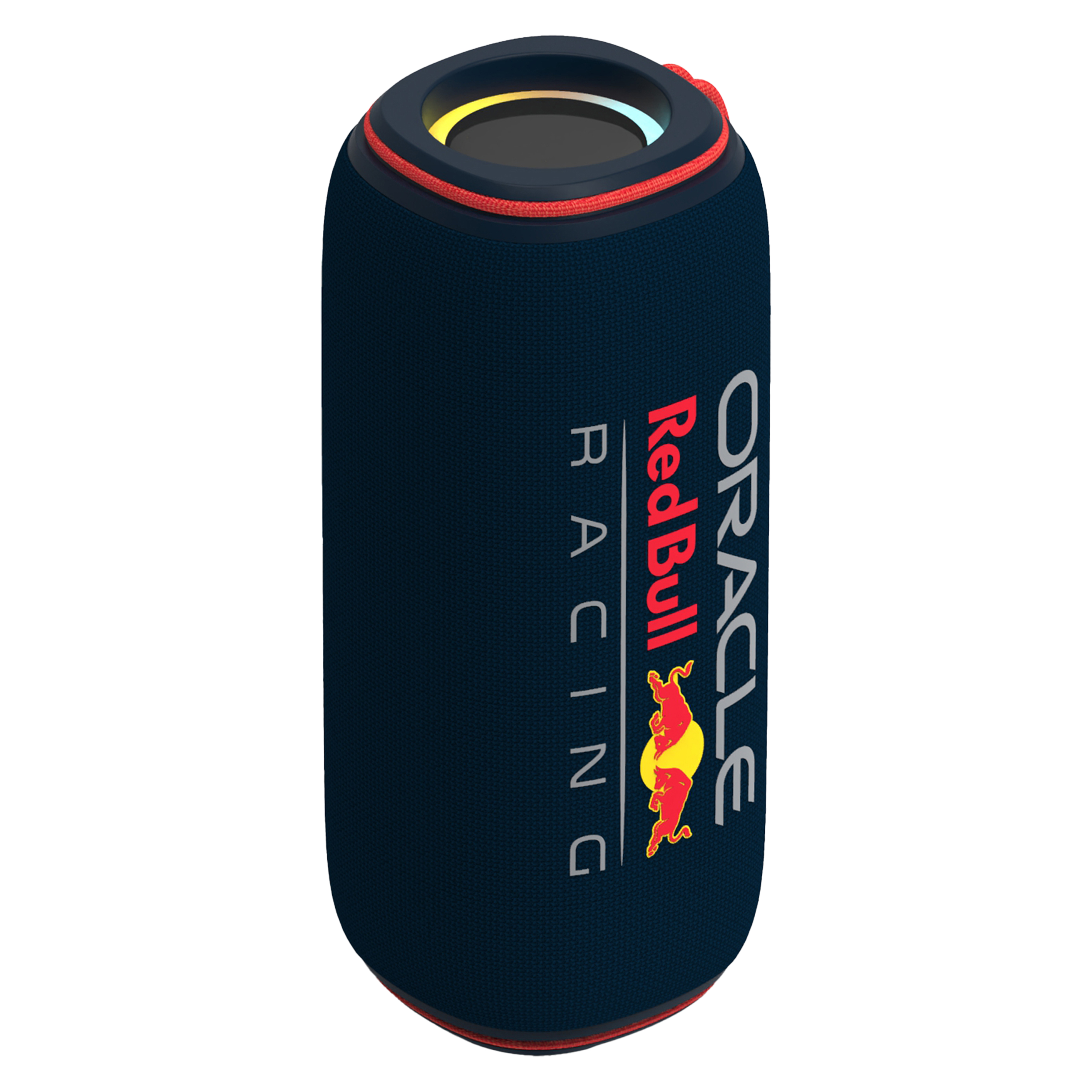 Ein zylindrischer Lautsprecher mit dunkelblauem Bezug. Er hat das Red Bull Racing Logo und Oracle Text.