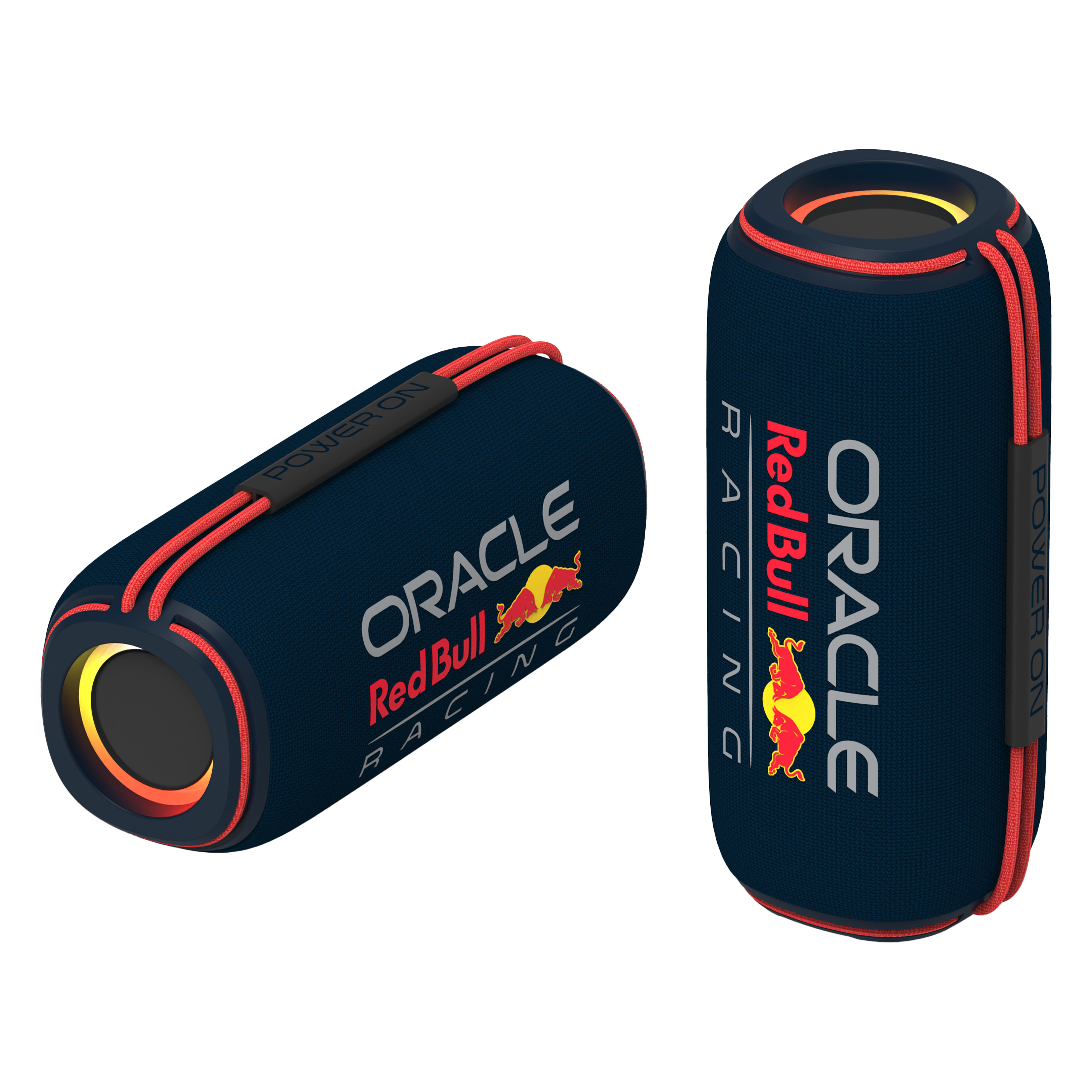 Zwei blaue zylindrische Lautsprecher mit roten Akzenten und dem Oracle Red Bull Racing Logo. Einer ist horizontal, der andere vertikal.