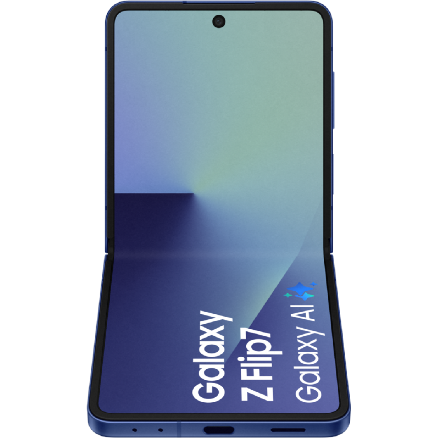 A blue Samsung Galaxy Z Flip7 phone is shown partially open. The screen displays a gradient of colors. The phone has Galaxy AI text.