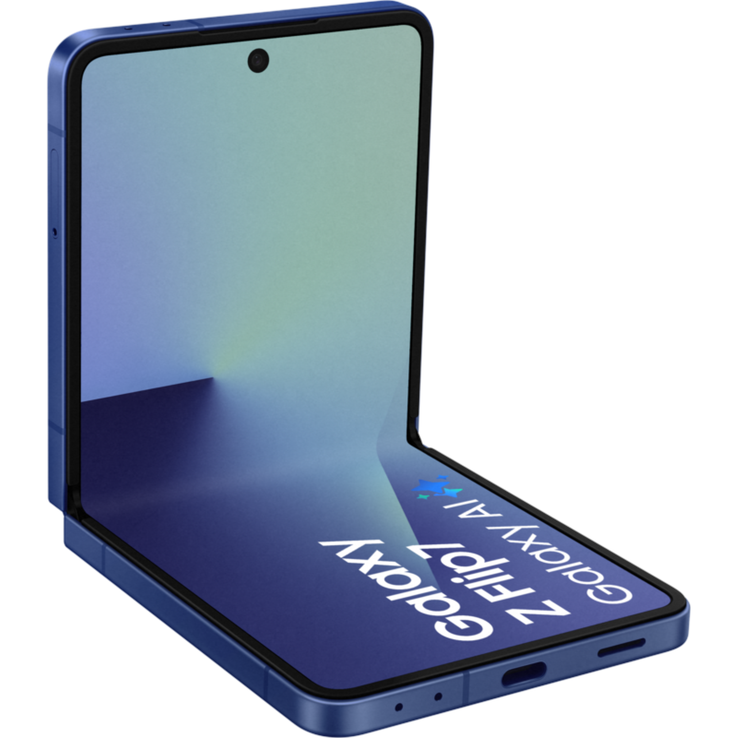 A blue Samsung Galaxy Z Flip7 phone, partially open. The screen displays a gradient, with the phone's name visible.