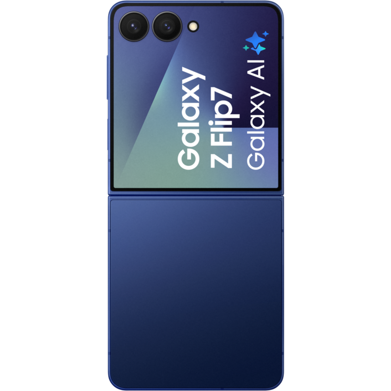 A blue Samsung Galaxy Z Flip7 phone is displayed. The screen shows Galaxy Z Flip7 and Galaxy AI branding.