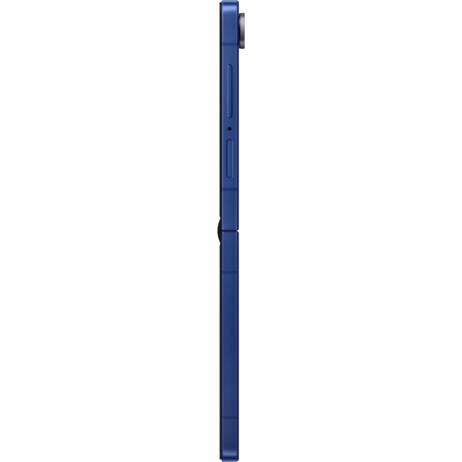 A blue smartphone is shown in profile. The phone is closed, revealing the side with buttons and a camera bump.