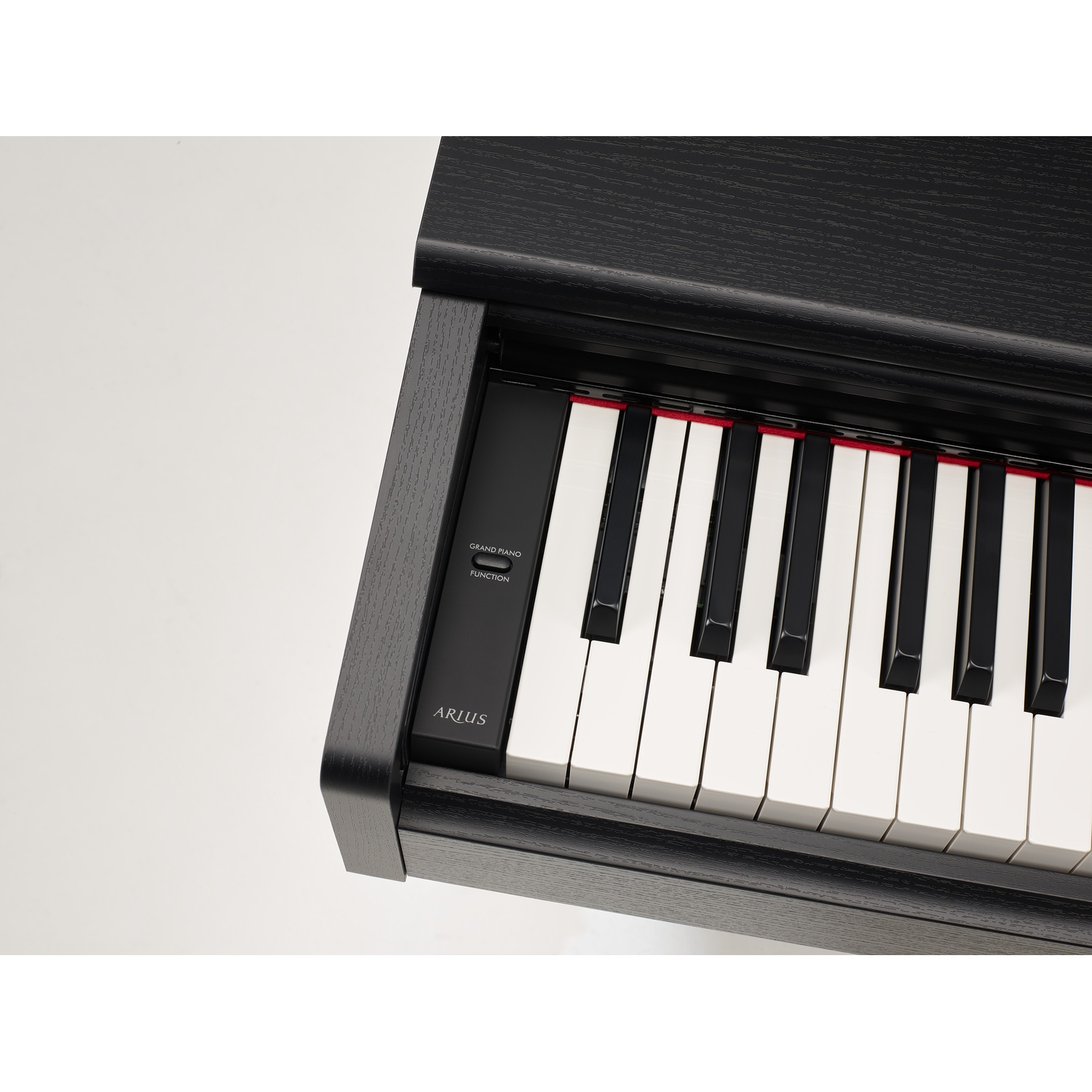 Primo piano di un pianoforte nero con tasti bianchi e neri. I tasti sono a fuoco. Il pianoforte è etichettato 'Arlus'.