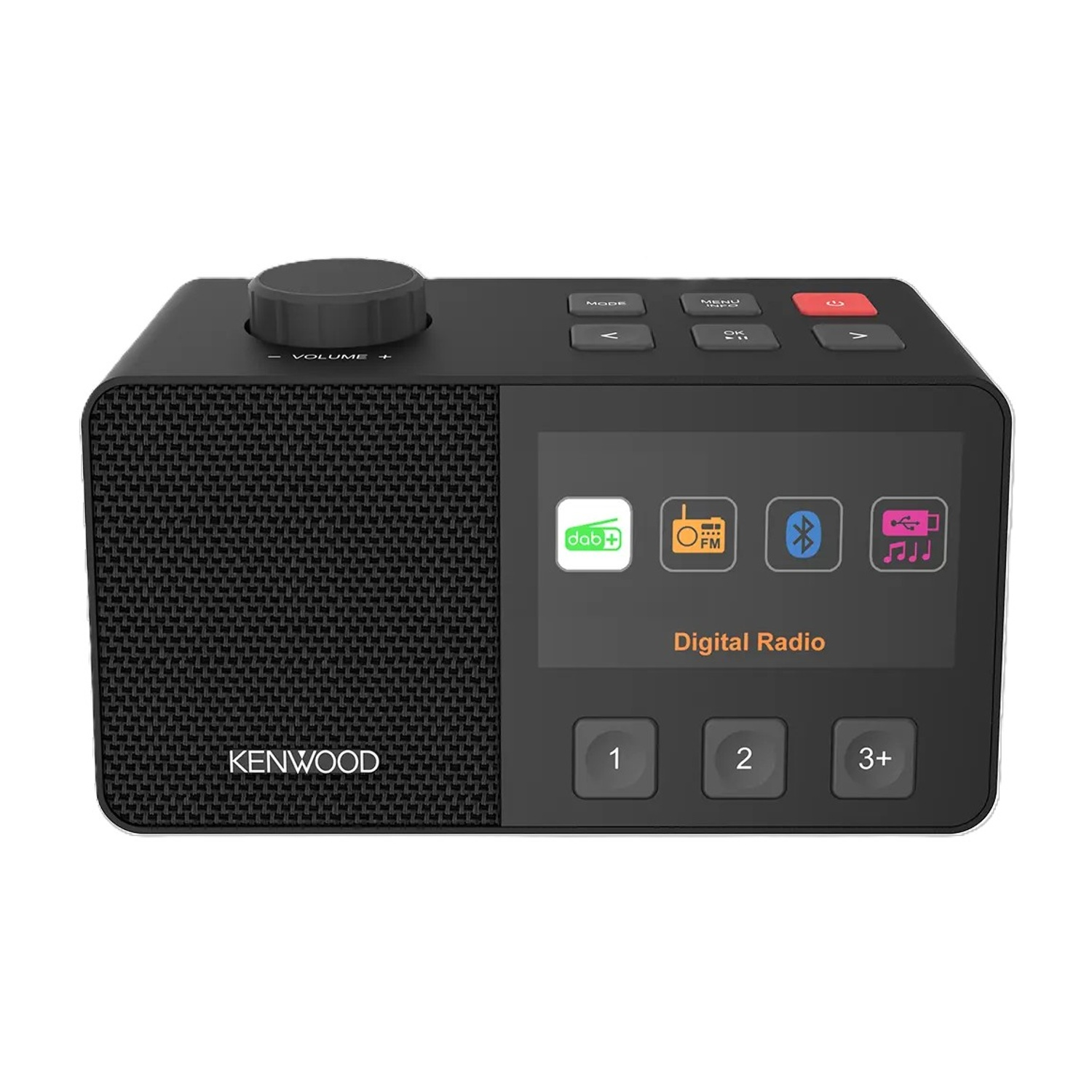Radio digitale Kenwood nera. Ha una manopola del volume, pulsanti per modalità, menu e preimpostazioni. Uno schermo mostra le informazioni radio.