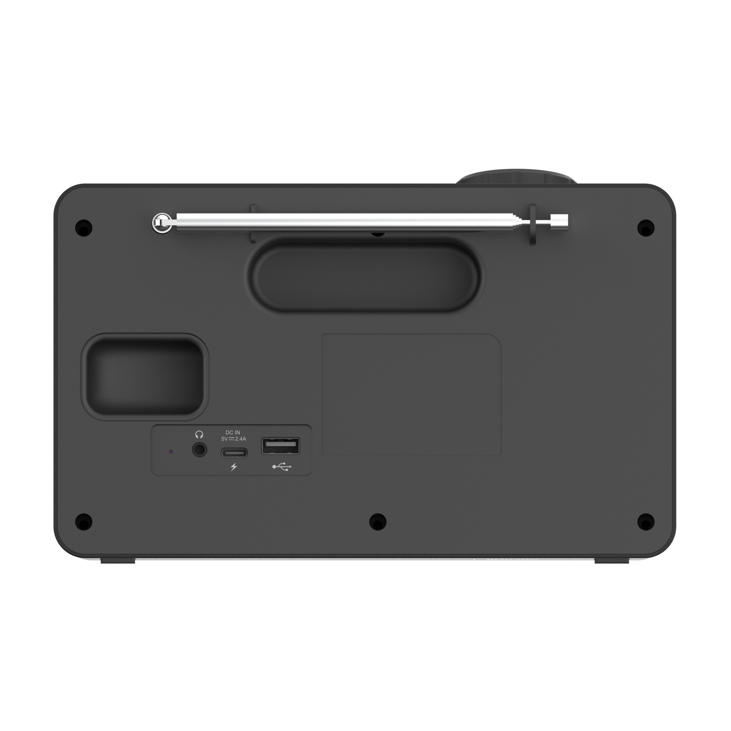 Radio nera con antenna, porta USB e varie porte di ingresso. La radio è rettangolare con angoli arrotondati.