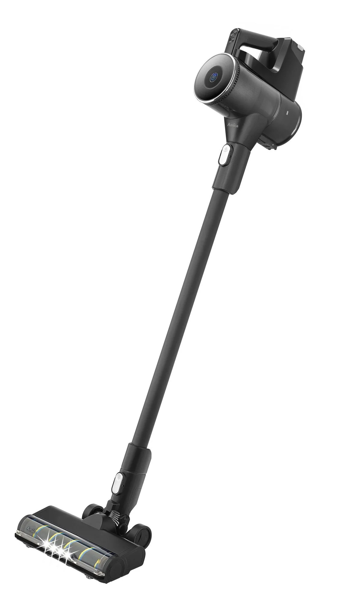 Czarny i szary odkurzacz bezprzewodowy na białym tle. Posiada długi uchwyt i zmotoryzowaną głowicę szczotki.