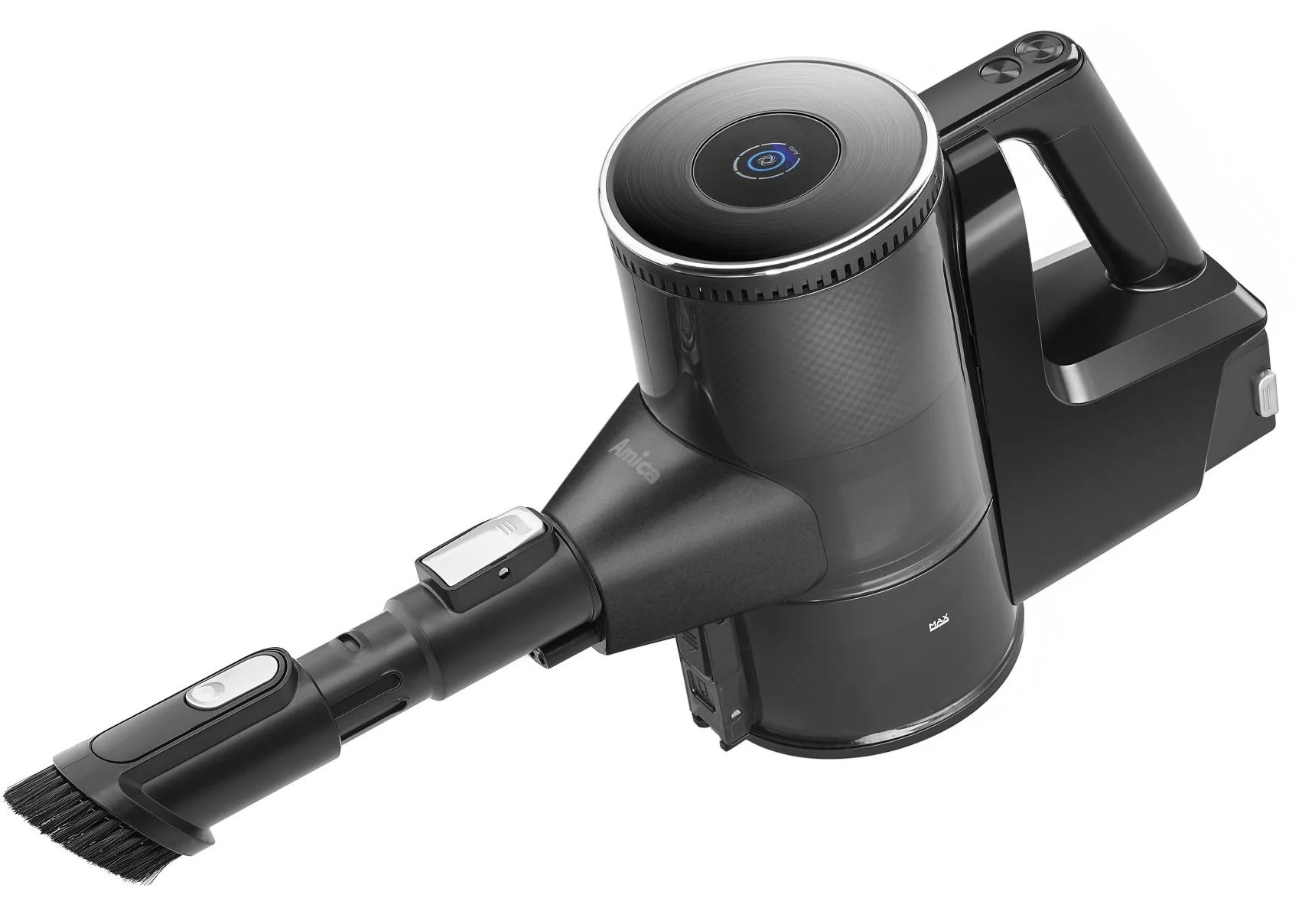 Czarny odkurzacz bezprzewodowy na białym tle. Posiada szczotkę i uchwyt. Widoczna jest nazwa marki 'Amica'.