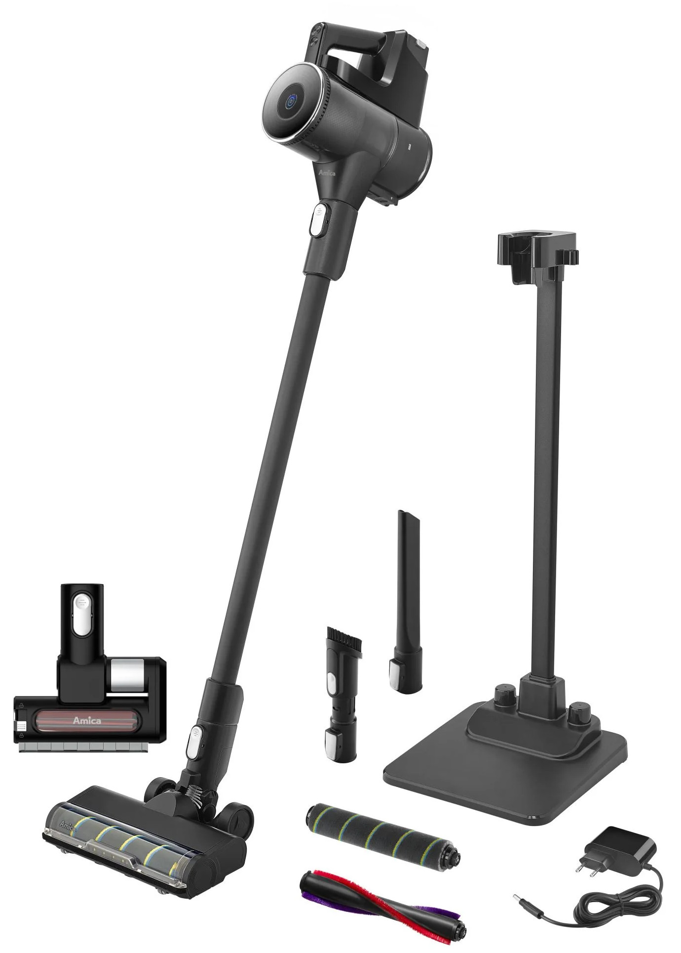 Czarny odkurzacz bezprzewodowy Amica z akcesoriami i stojakiem. Akcesoria obejmują głowice szczotek i adapter ładowania. Odizolowany na białym.