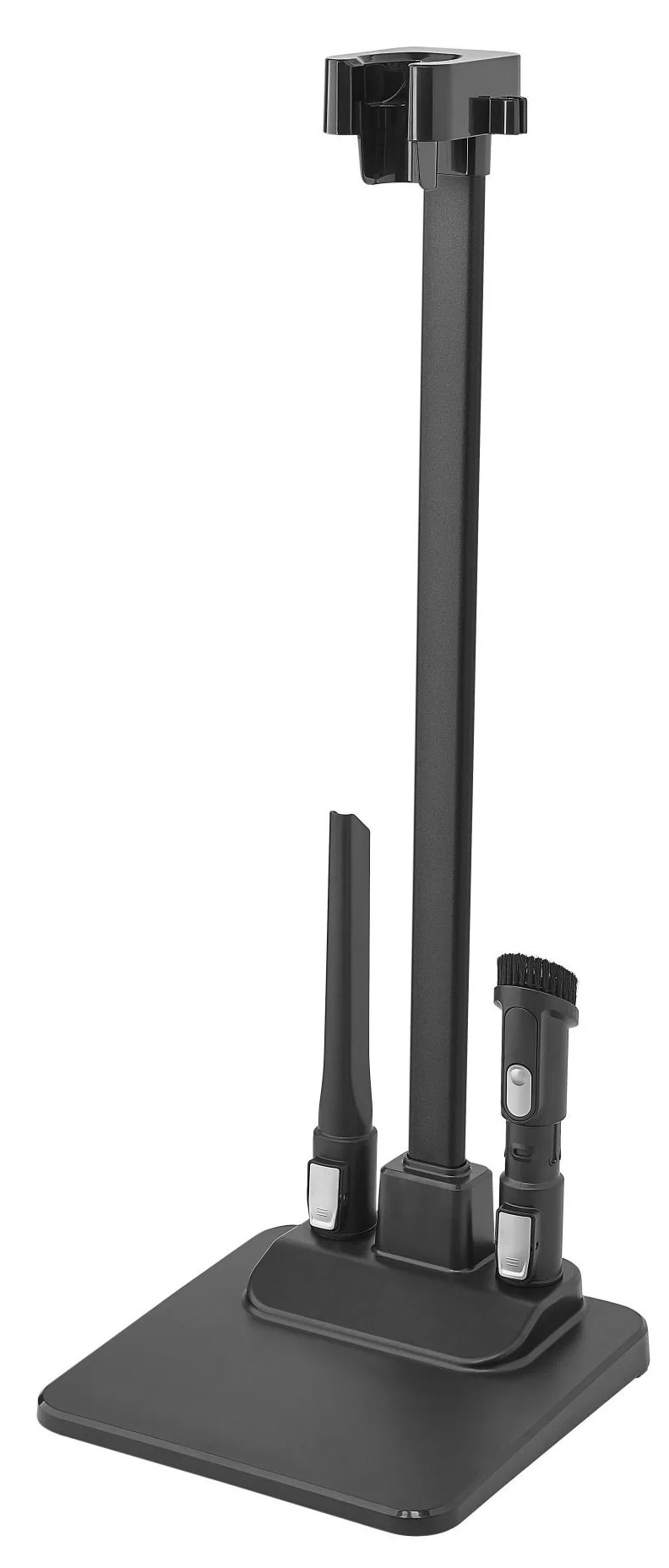 Czarny stojak na akcesoria do odkurzacza z podstawą, centralnym słupkiem i dwoma nasadkami. Białe tło.