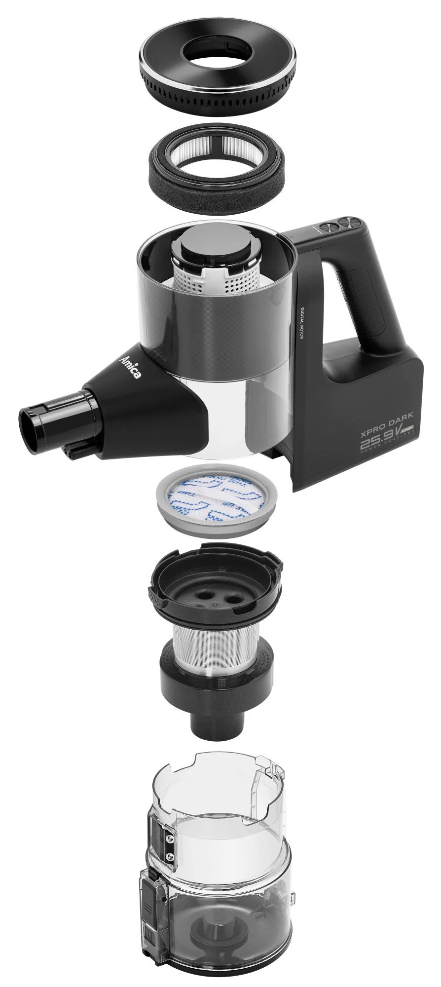 Widok rozłożony czarno-szarego odkurzacza Amica XPRO DARK. Części obejmują filtry, pojemnik na kurz i obudowę silnika.