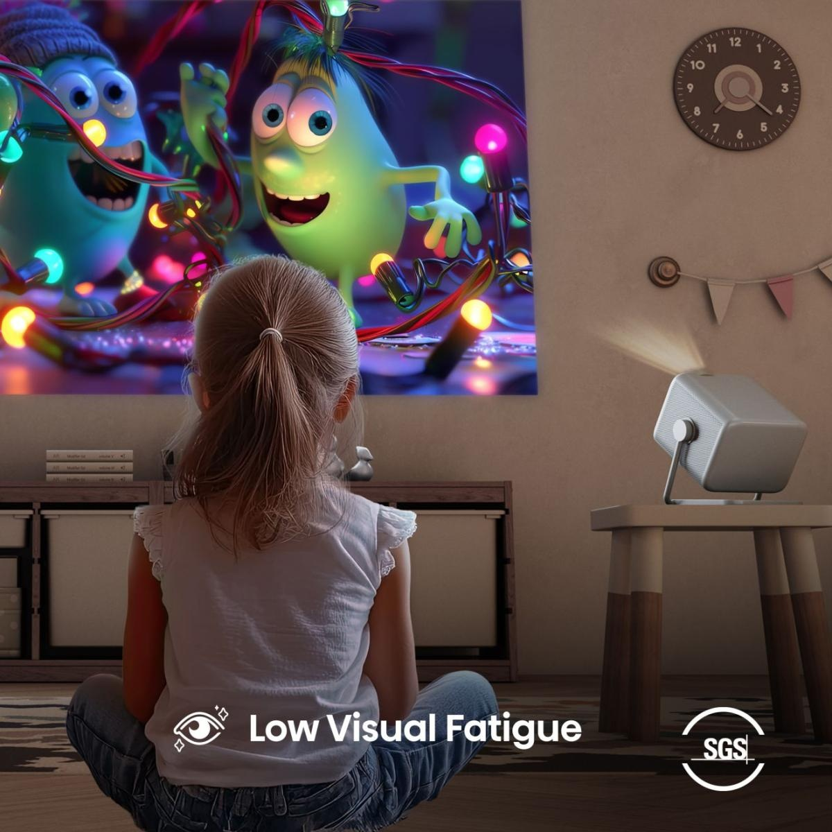 Dziewczyna ogląda wyświetlaną kreskówkę. Projektor stoi na stołku. Na ścianie zegar i chorągiewki. Tekst mówi: 'Niskie zmęczenie wzrokowe'.