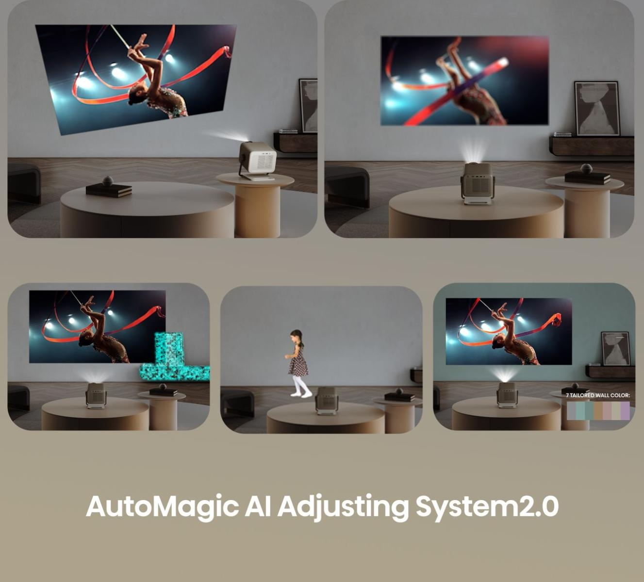 Projektor wyświetla obraz gimnastyczki z wstążką. Scena obejmuje meble, dziecko i paletę kolorów dla ścian.