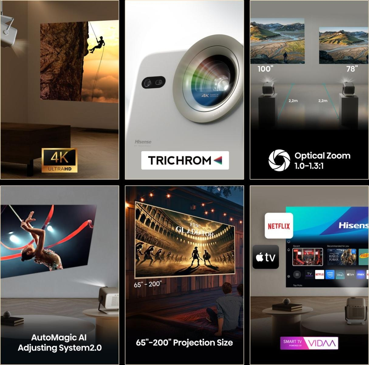 Obraz pokazujący projektor z funkcjami takimi jak 4K, Trichrom i AutoMagic AI. Wyświetlacze obejmują wyświetlane filmy i aplikacje do strumieniowania.