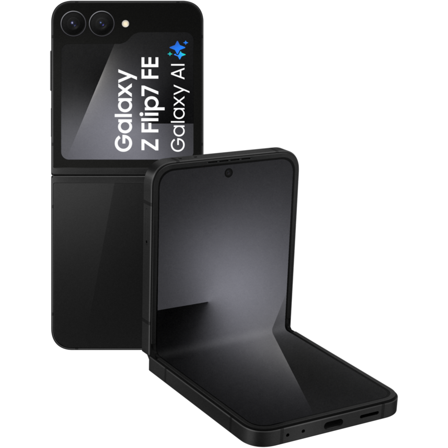 Een zwarte Samsung Galaxy Z Flip7 FE-telefoon wordt open en dicht getoond. De open telefoon toont het scherm, de gesloten telefoon de achterkant.