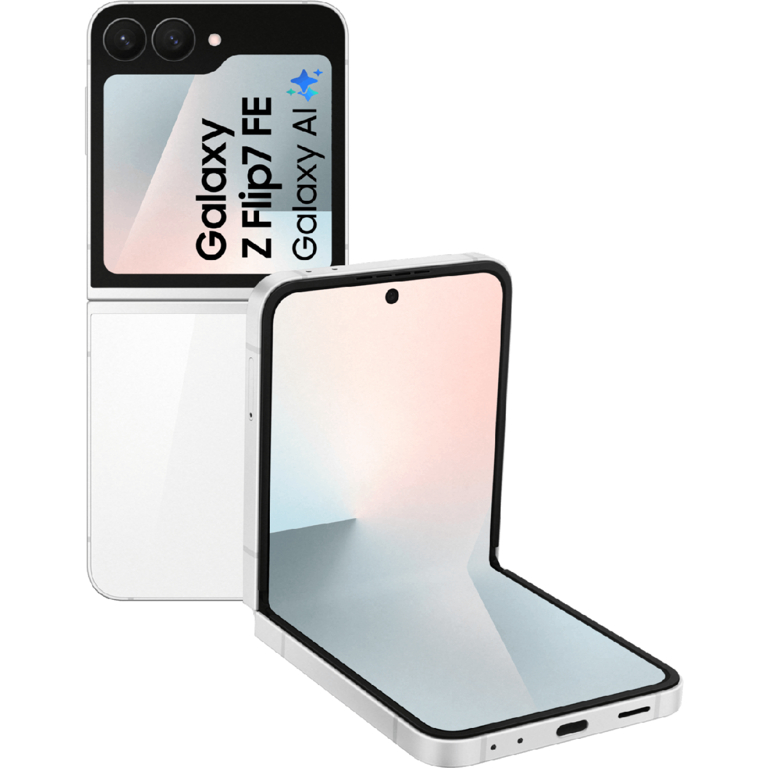Witte Samsung Galaxy Z Flip7 FE telefoon, gedeeltelijk open. Scherm toont tekst: Galaxy Z Flip7 FE Galaxy AI. Zwarte achtergrond.