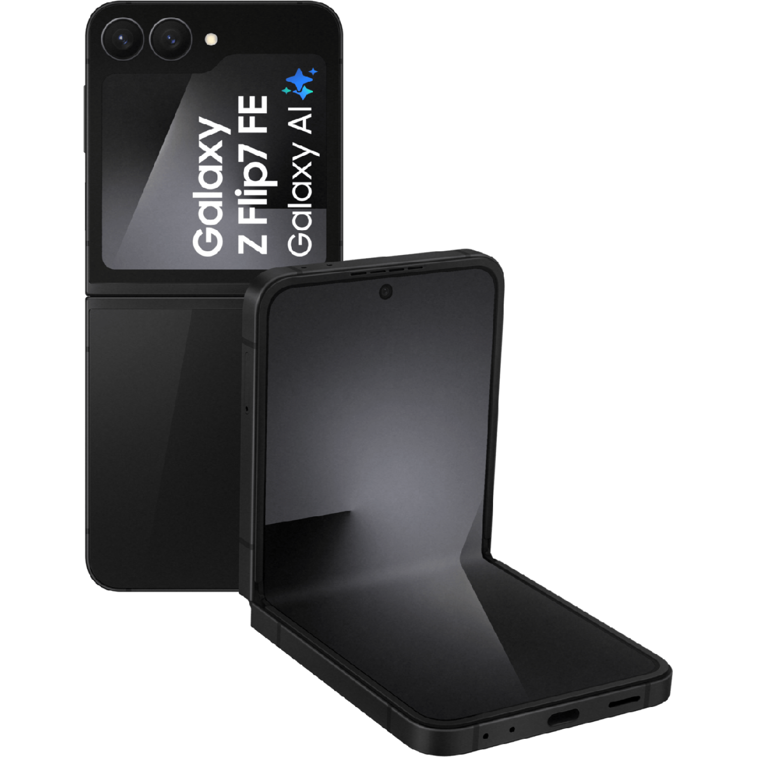 Zwarte Samsung Galaxy Z Flip7 FE telefoon, gedeeltelijk open. De telefoon staat op een zwarte achtergrond. Branding is zichtbaar op het scherm.