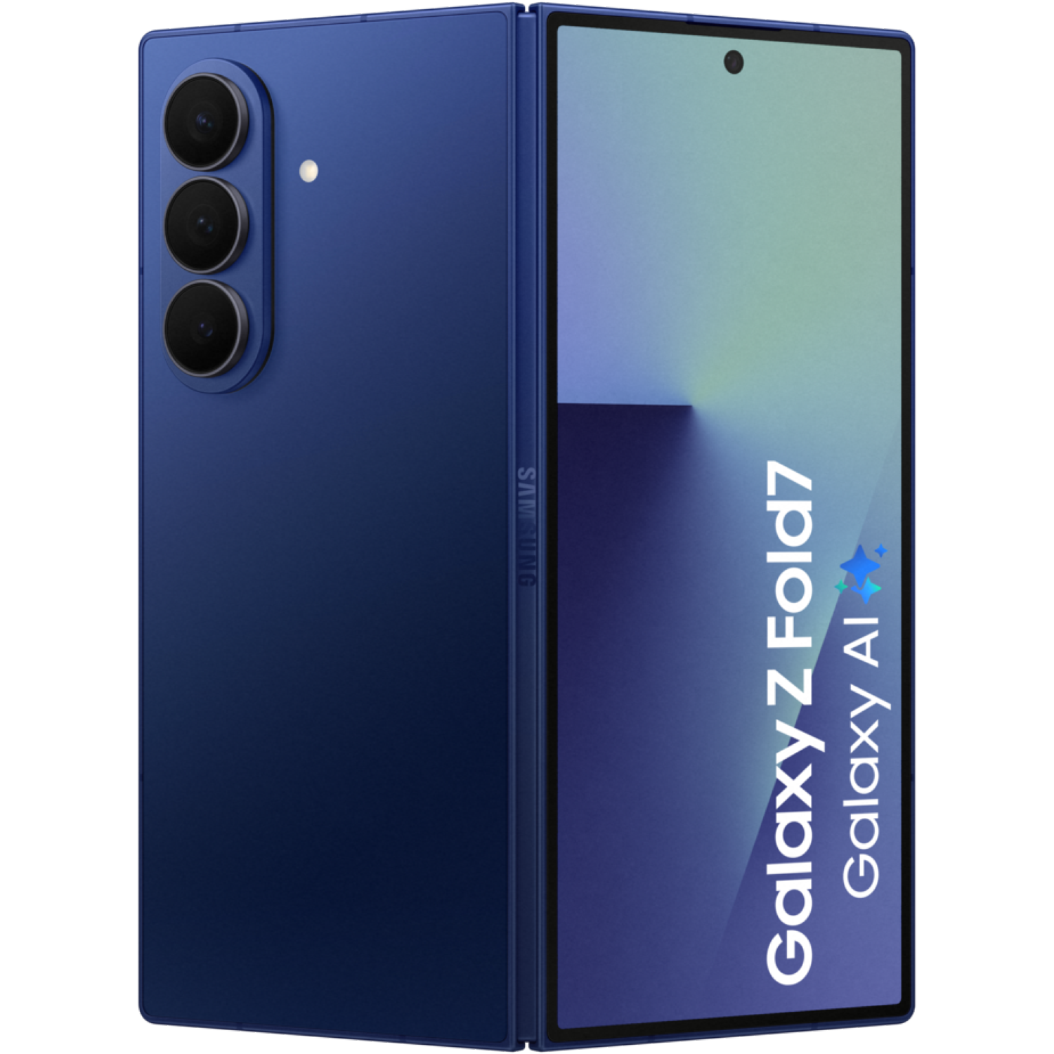 Een blauwe Samsung Galaxy Z Fold7 telefoon wordt gedeeltelijk geopend getoond, waarbij het scherm wordt weergegeven. De telefoon heeft drie camera's en een camera aan de voorkant.