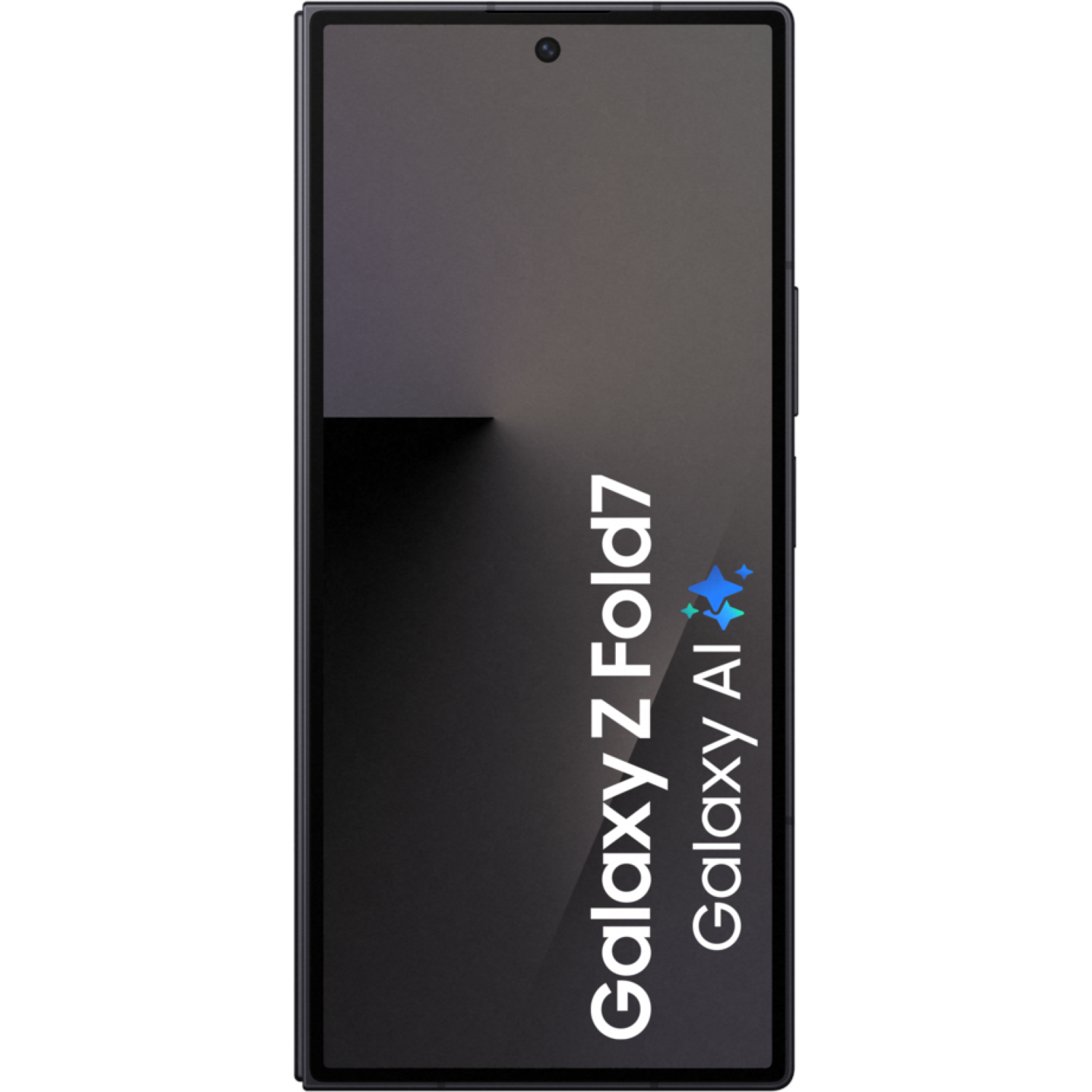 A black smartphone, Samsung Galaxy Z Fold7, features a screen displaying text and logos. The phone is vertical, with a black frame.