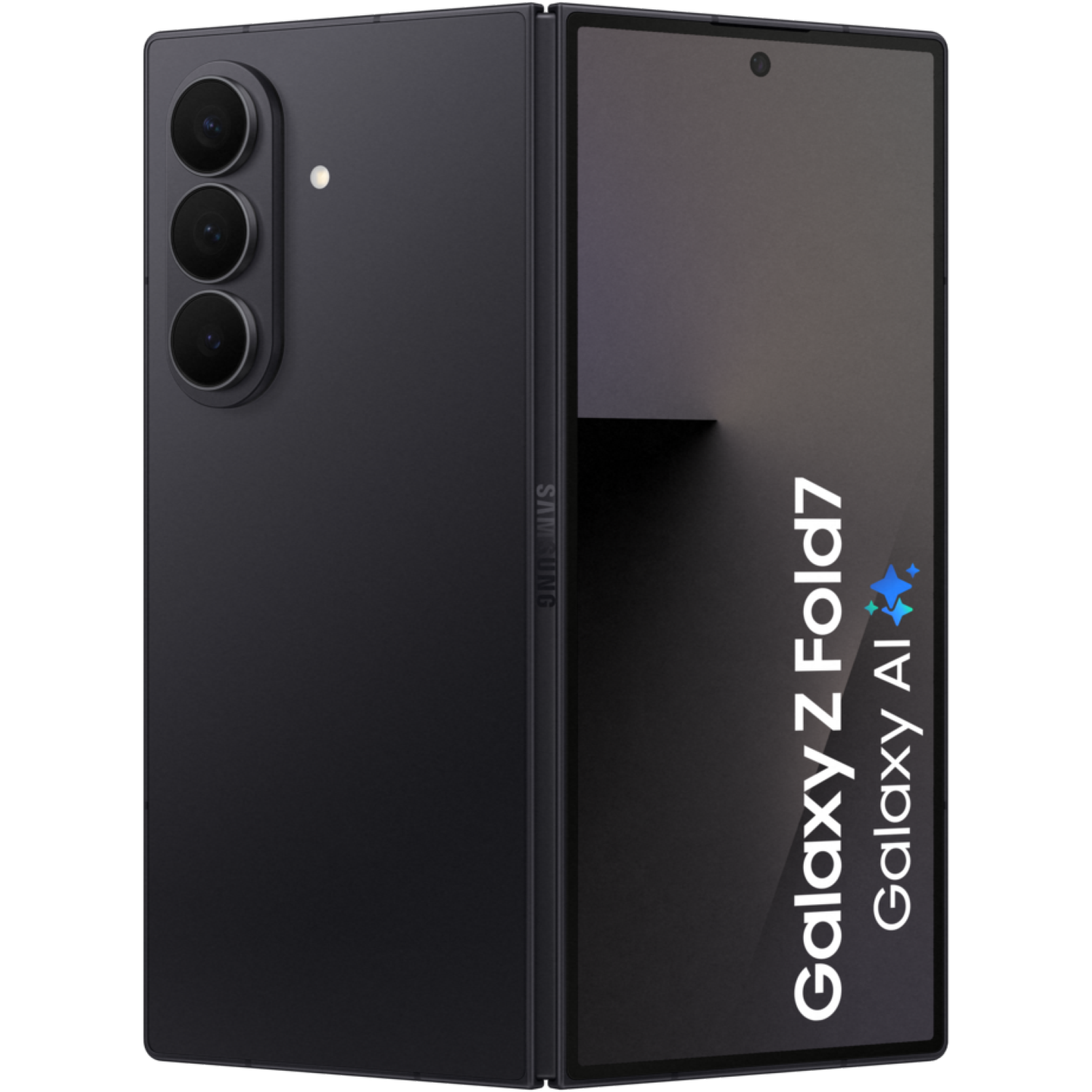 Zwarte Samsung Galaxy Z Fold7 telefoon, opengeklapt. Met drievoudige camera en Galaxy AI logo. Donkere achtergrond.