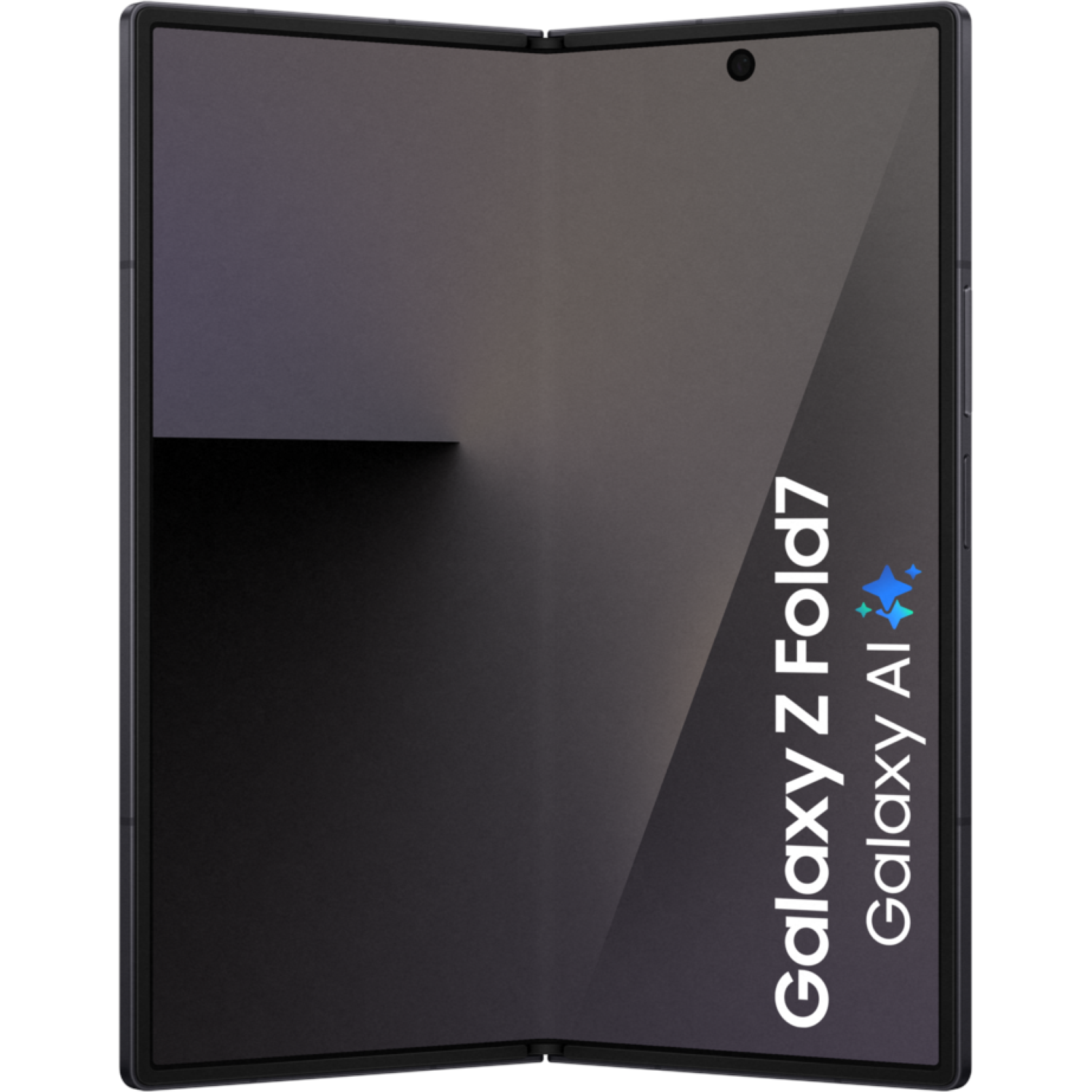 Foldable black smartphone, Galaxy Z Fold7, with a dark screen and the Galaxy AI logo.
