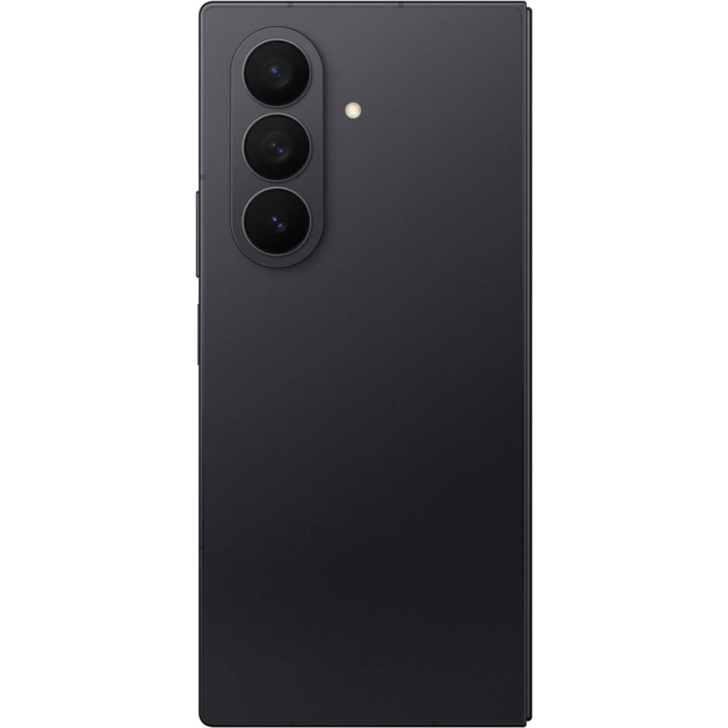 A black smartphone's back with three camera lenses vertically aligned. A flash is located above the lenses. The phone has a sleek design.