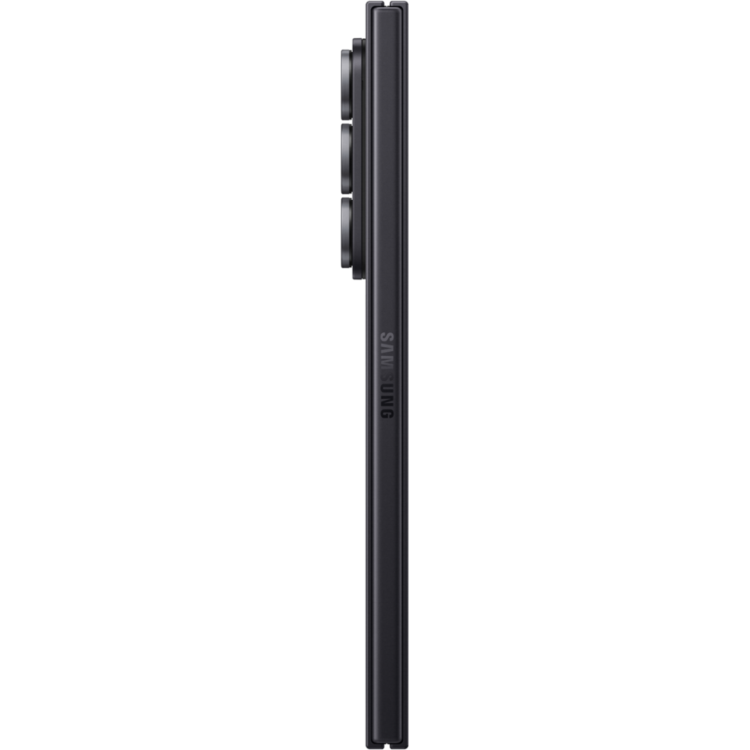 Side view of a black smartphone with three rear cameras. The Samsung logo is visible. The phone is against a white background.