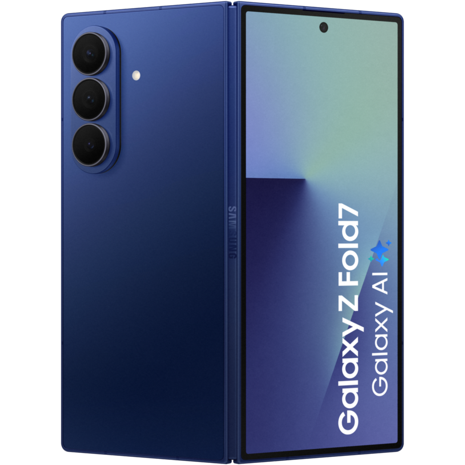 Een blauwe Samsung Galaxy Z Fold7, gedeeltelijk open, toont het scherm met de tekst 'Galaxy Z Fold7 Galaxy AI'. Drie cameralenzen zichtbaar.