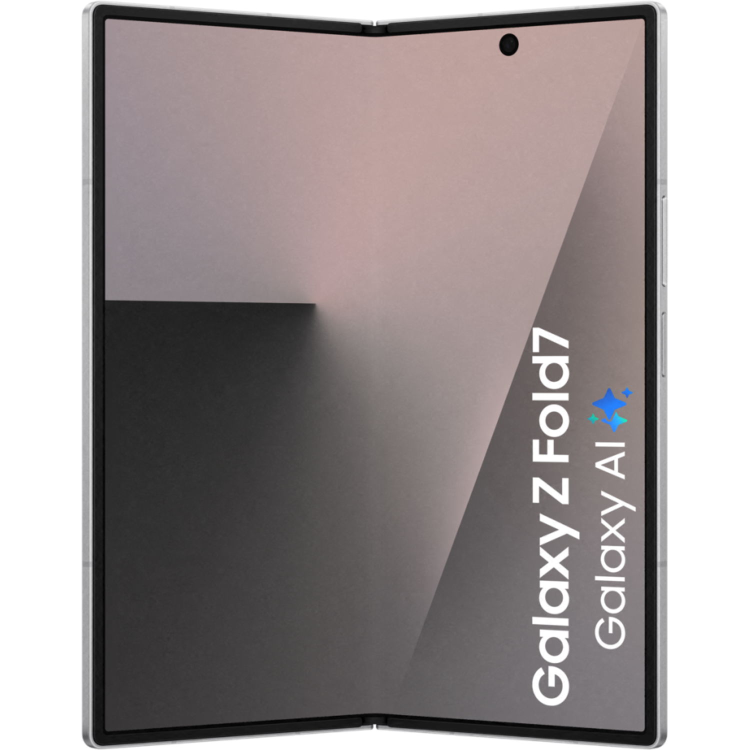 A partially open silver Galaxy Z Fold7 phone. The screen displays a gradient of colors with the words 'Galaxy Z Fold7 Galaxy AI'.