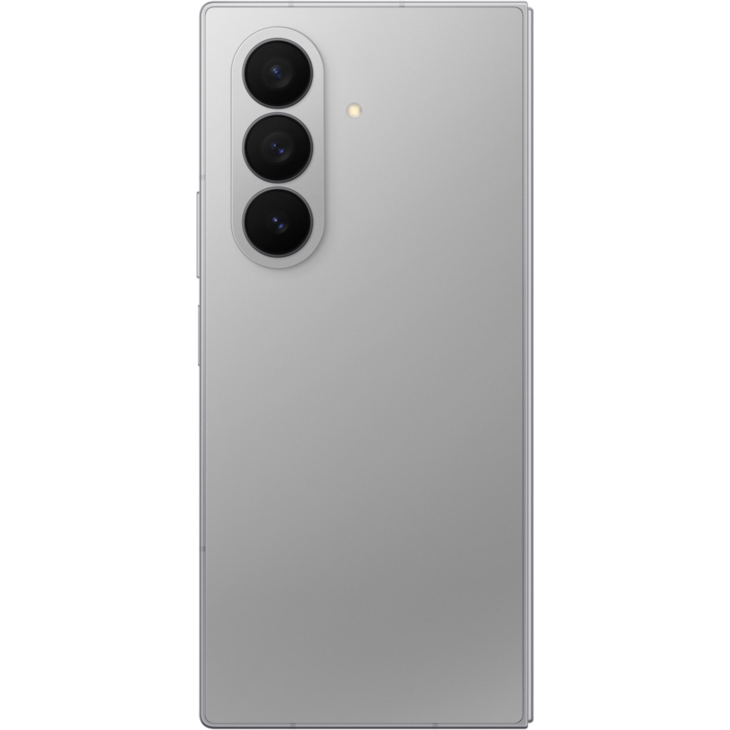 A silver smartphone back with three camera lenses and a flash. The phone is rectangular with rounded corners. The background is white.