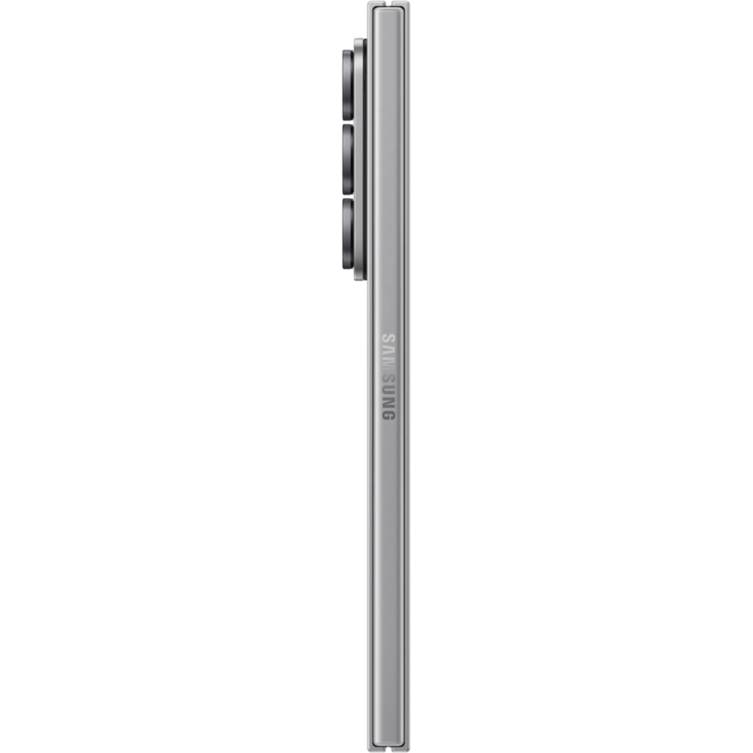 Side view of a silver Samsung phone. Three camera lenses are visible, and the Samsung logo is on the side.
