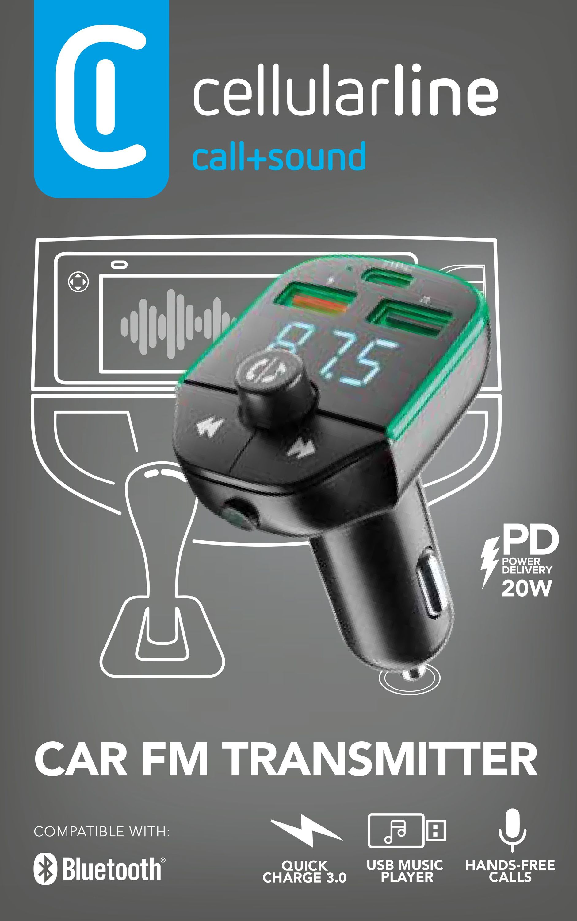 Auto-FM-Transmitter mit Digitalanzeige, Bluetooth und USB-Ladeanschlüssen. Mit Schnellladung und Freisprechfunktion.