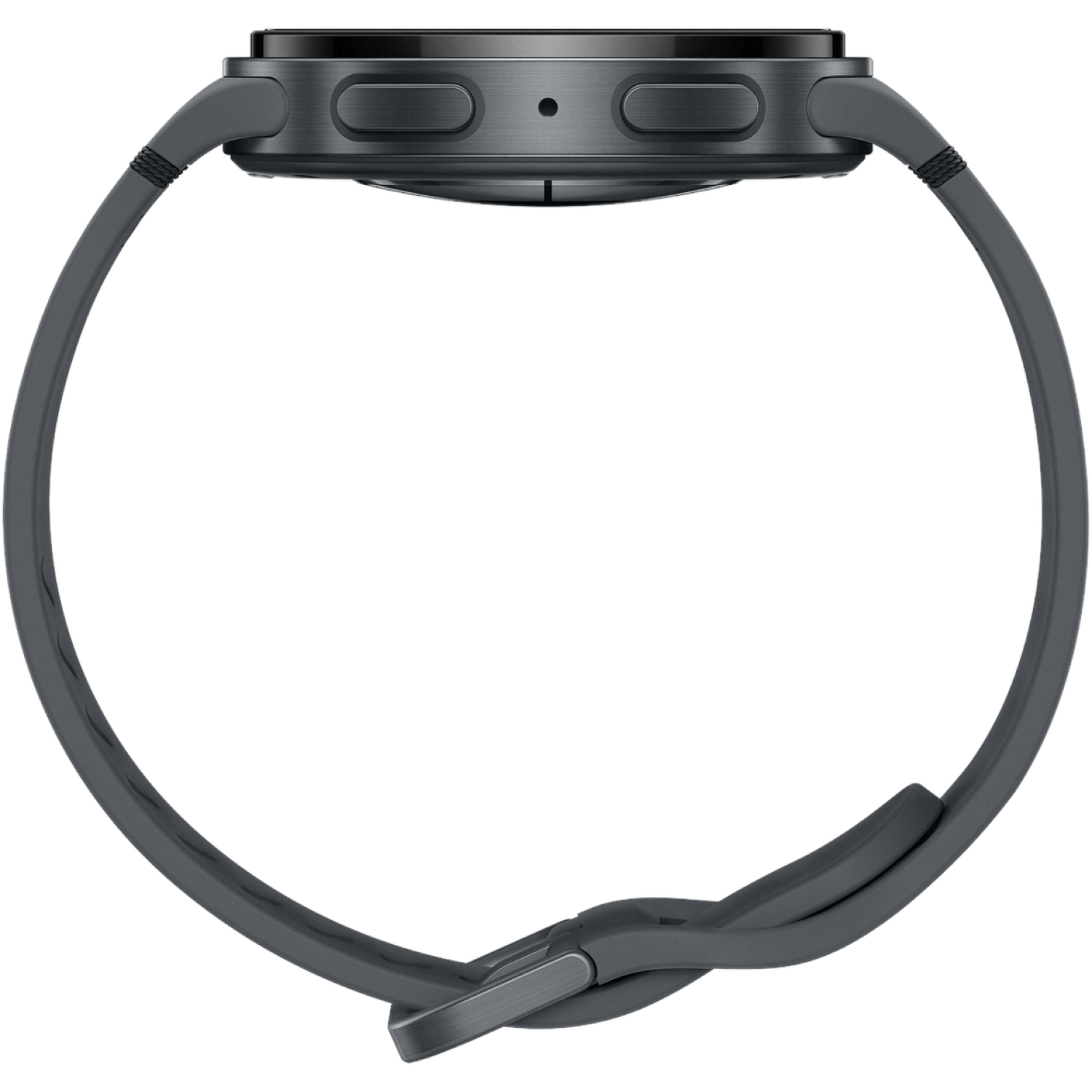 A side view of a dark gray smartwatch with a matching strap. The watch has two buttons and a small hole, likely for a microphone.