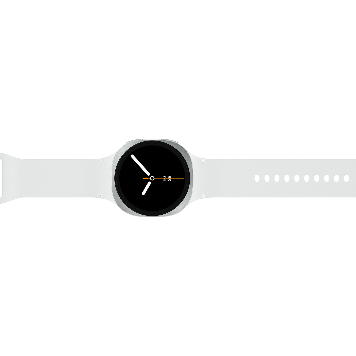 A white smartwatch with a black screen displaying the time. The strap is also white. The background is white.