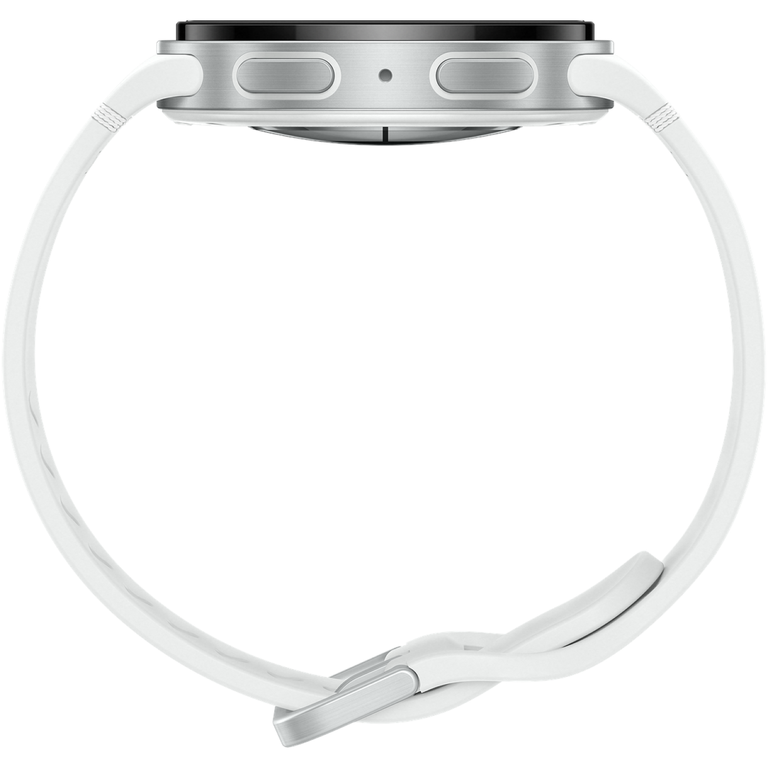 Side view of a silver smartwatch with a white strap. The watch has two buttons and a black screen. The strap is buckled.