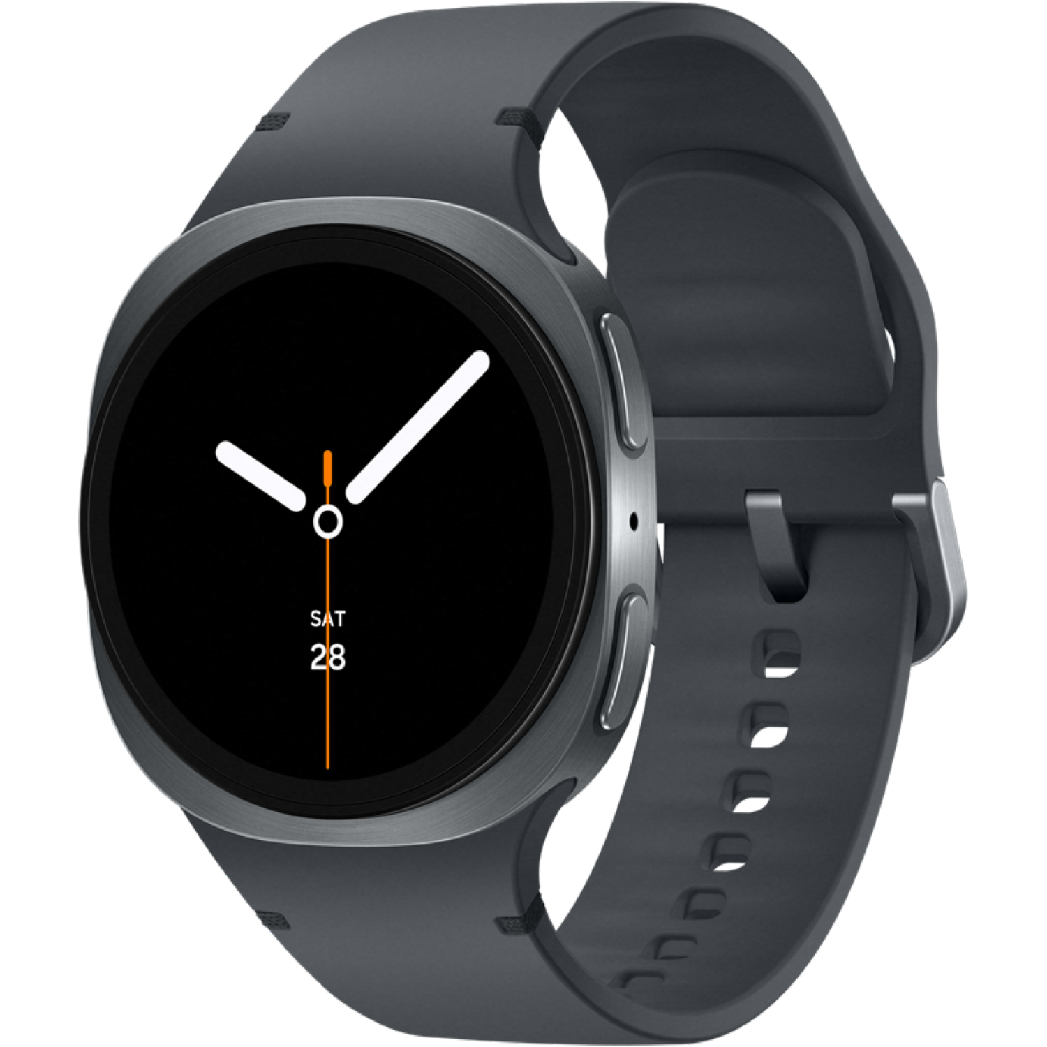 Een smartwatch met een zwart scherm dat de tijd weergeeft. Het heeft een donkergrijze band en een zilverkleurige rand.