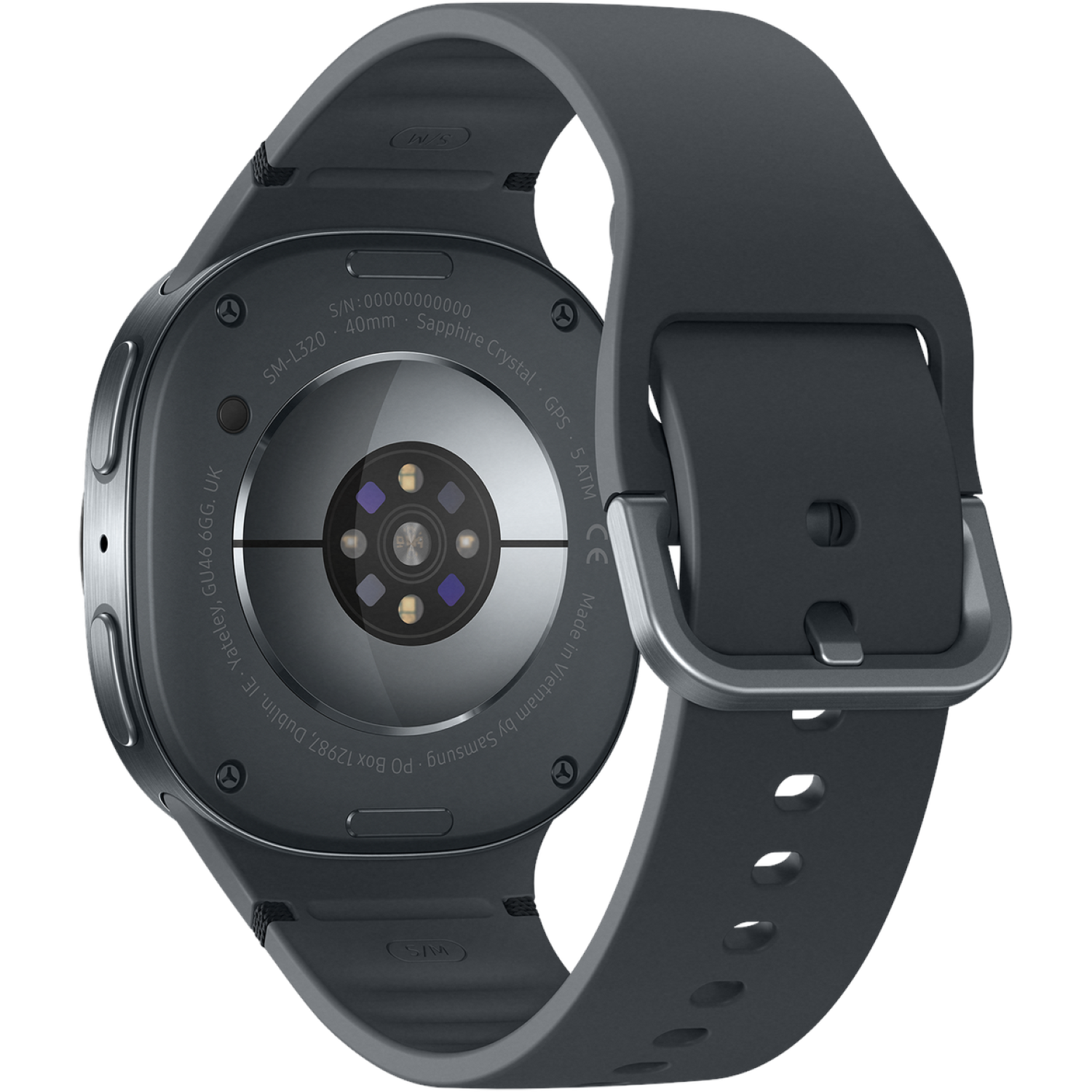 A black smartwatch with a dark gray strap. Details on the watch back include model, size, and GPS information.