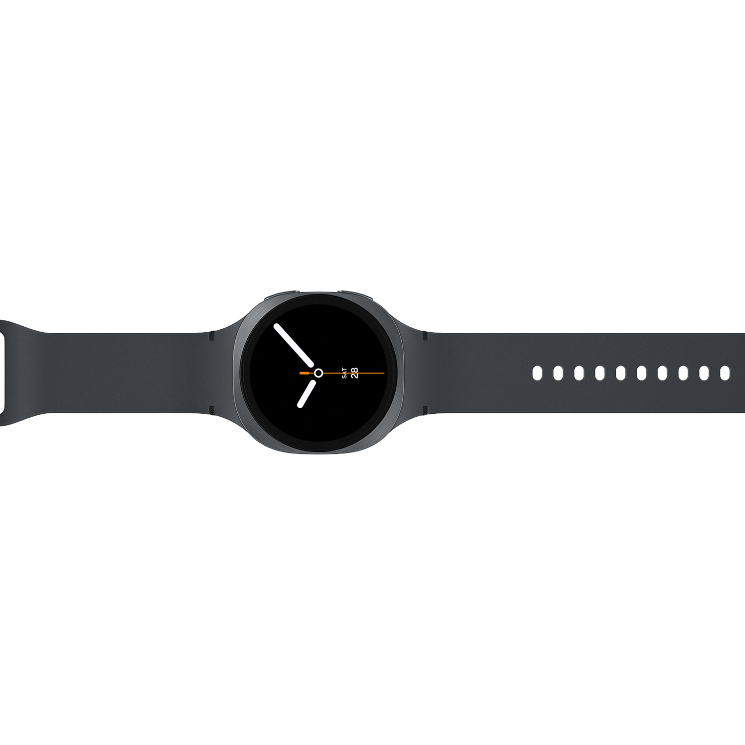 A dark gray smartwatch is displayed on a white background. The watch face shows the time and date. The strap has holes.