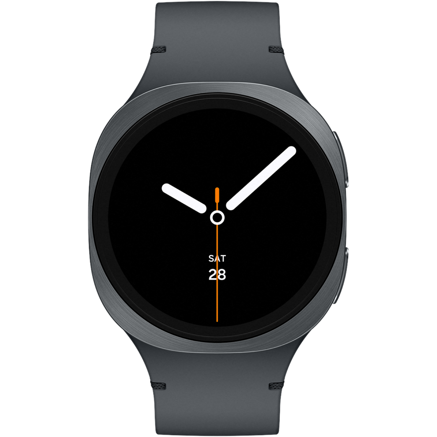 A dark gray smartwatch with a black face. White hands indicate the time. Orange details and the day/date are visible.
